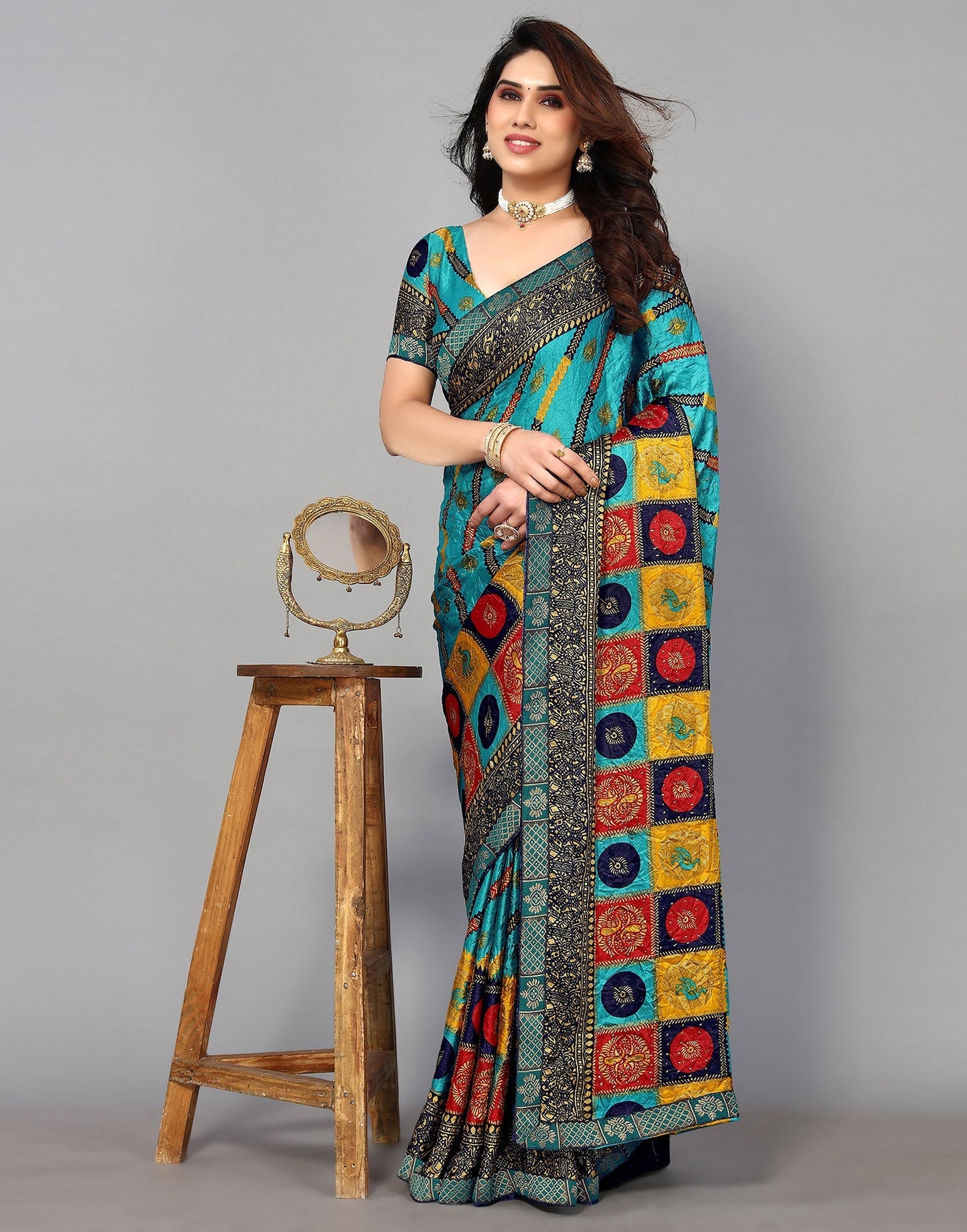Turquoise Blue And Multicoloured Art Silk Stone Work Saree | Sudathi