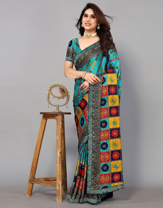 Turquoise Blue And Multicoloured Art Silk Stone Work Saree | Sudathi