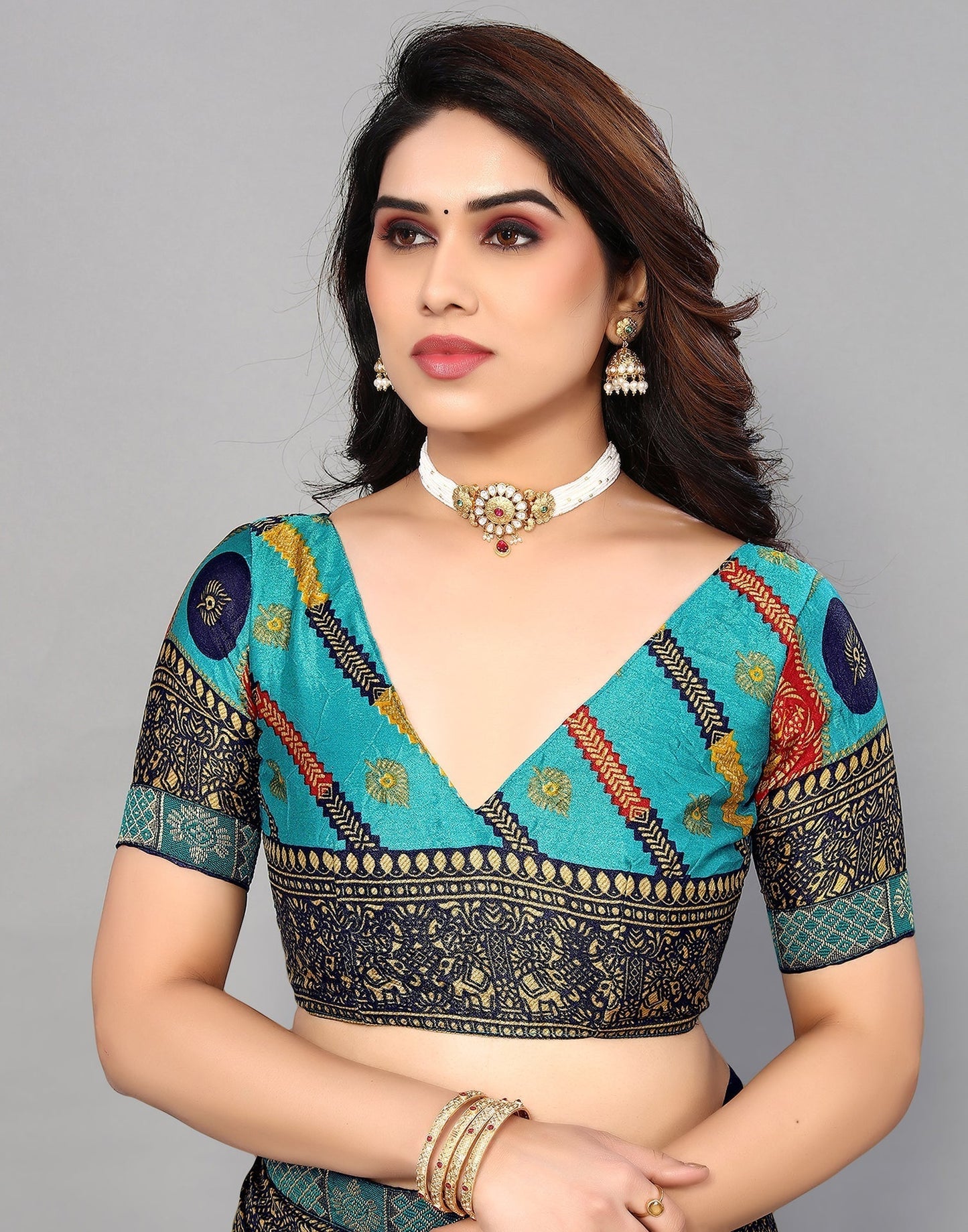 Turquoise Blue And Multicoloured Art Silk Stone Work Saree | Sudathi