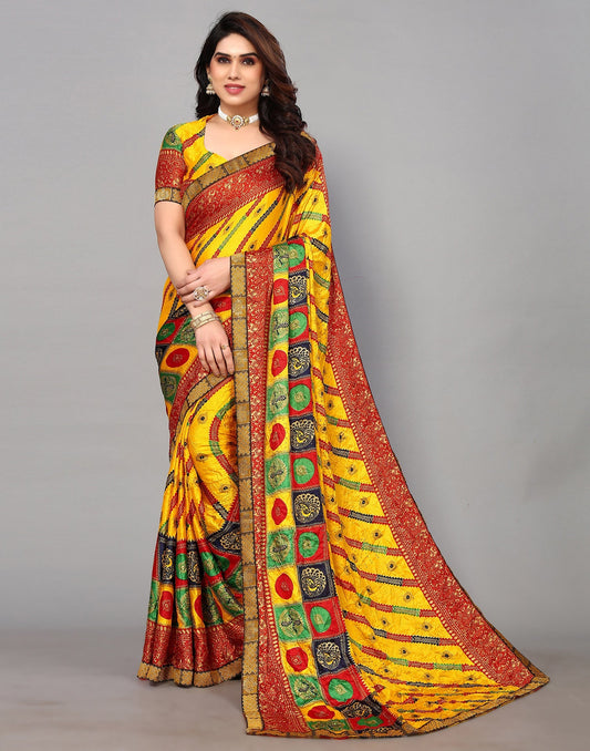 Yellow And Multicoloured Art Silk Stone Work Saree | Sudathi