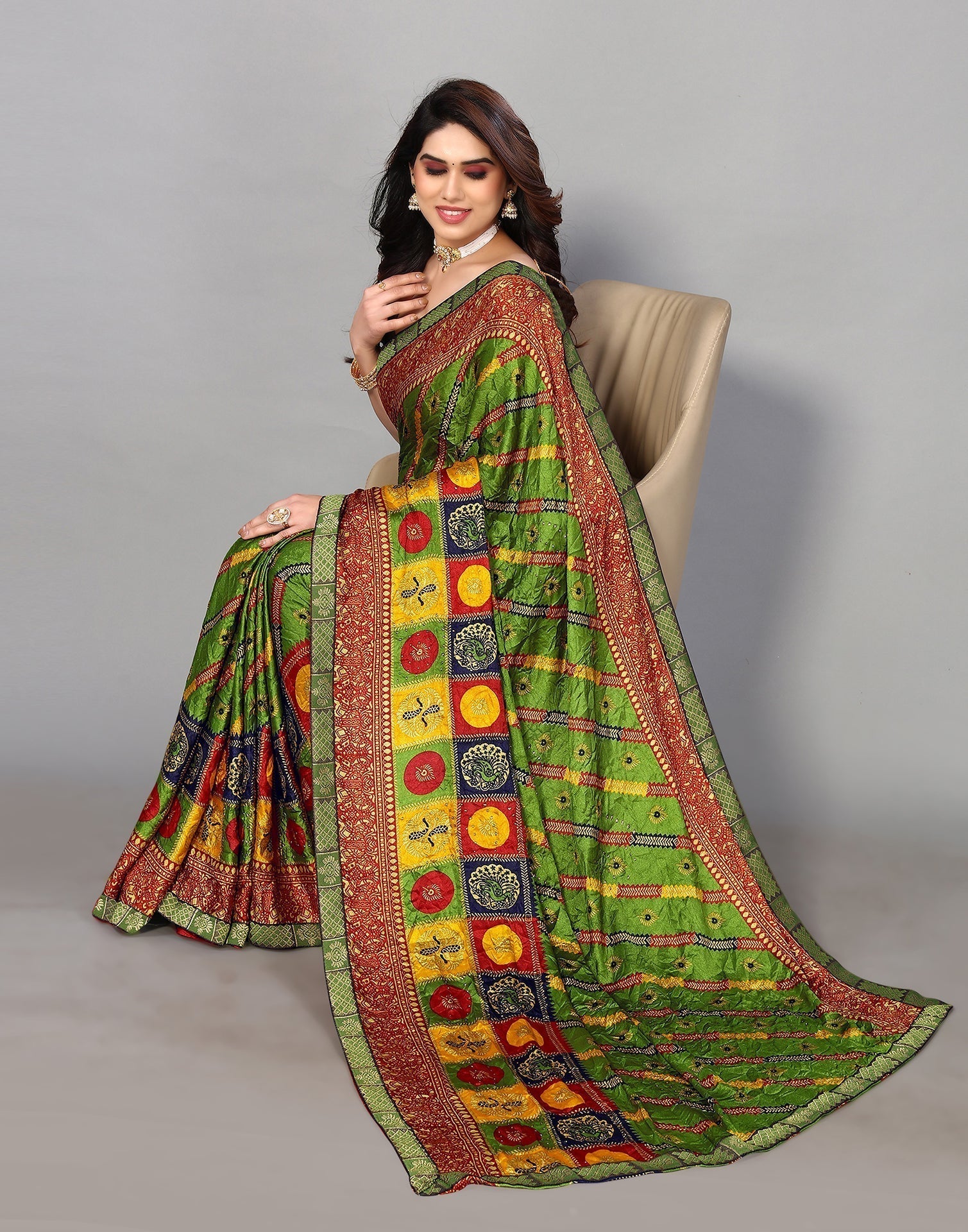 Light Green And Multicoloured Art Silk Stone Work Saree | Sudathi