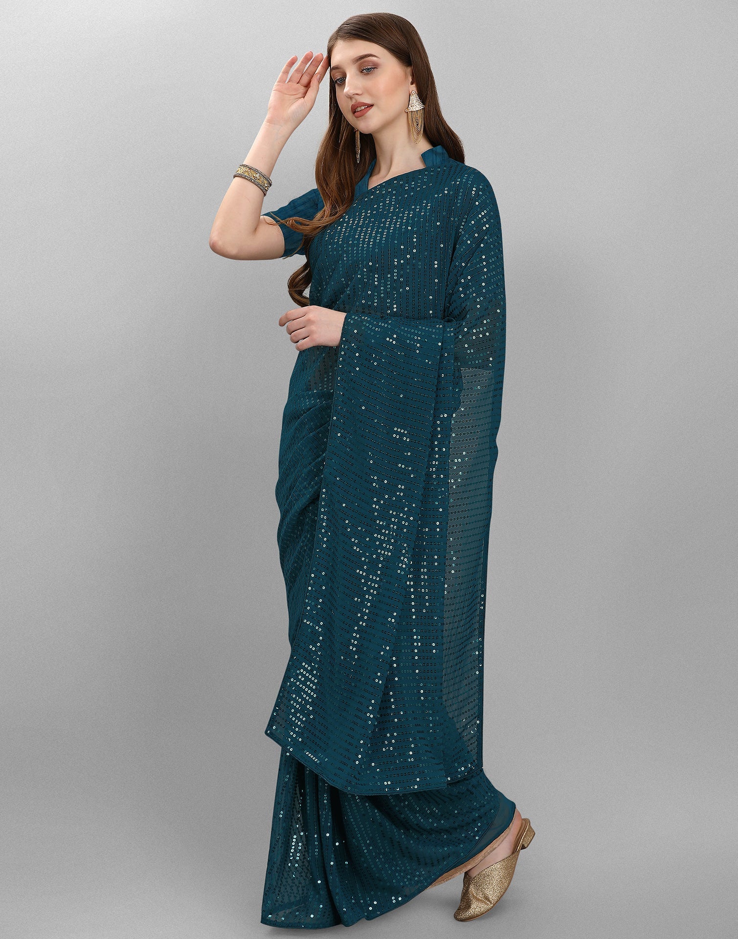 Teal Blue Sequence Saree | Leemboodi