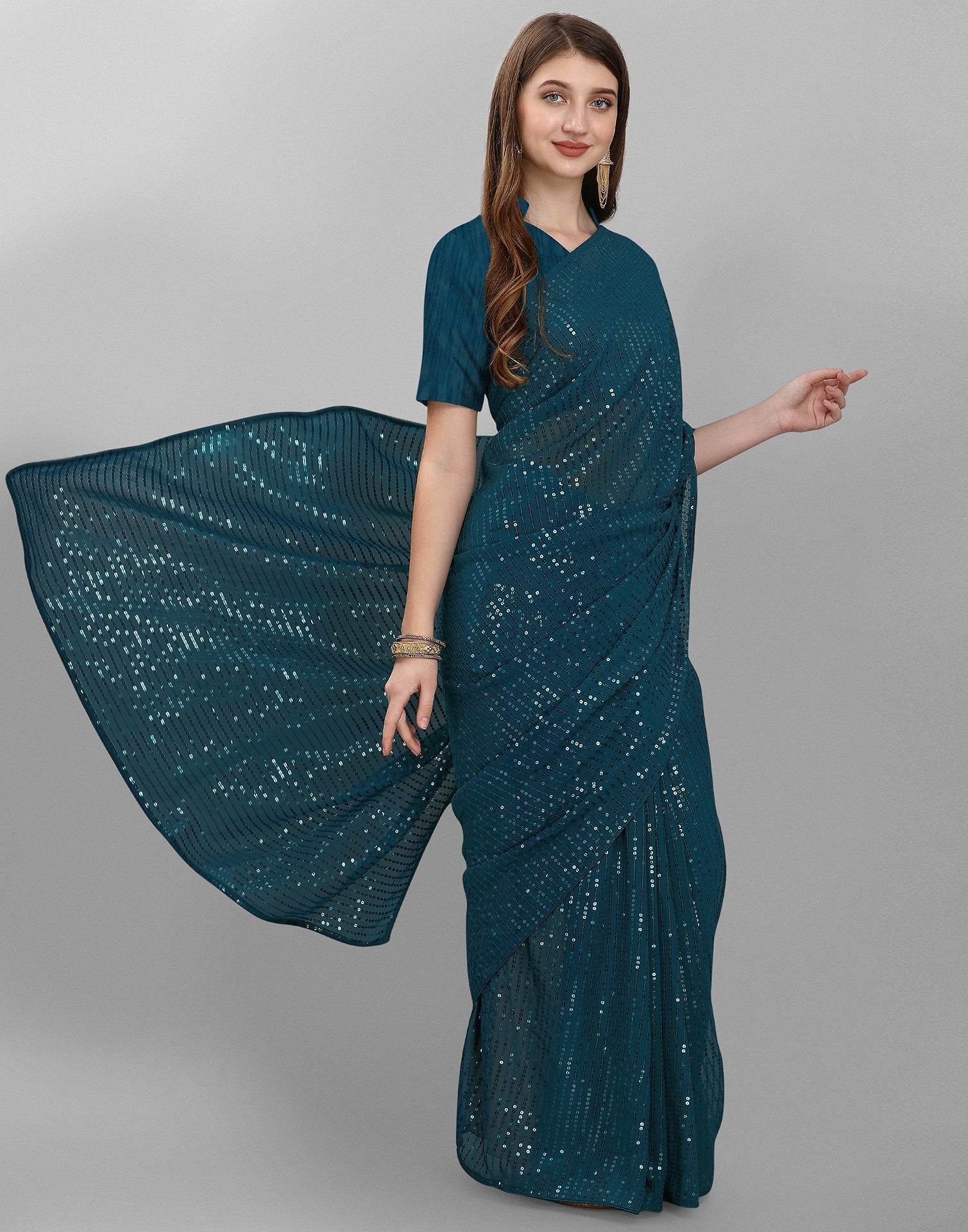 Teal Blue Sequence Saree | Leemboodi