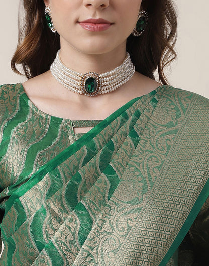 Green And Golden Organza Jacquard Saree | Leemboodi