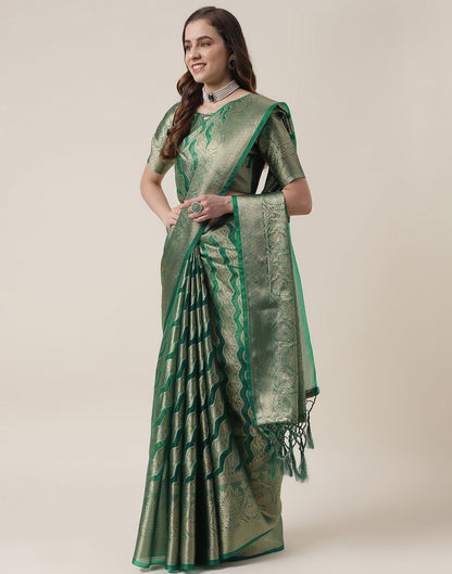 Green And Golden Organza Jacquard Saree | Leemboodi