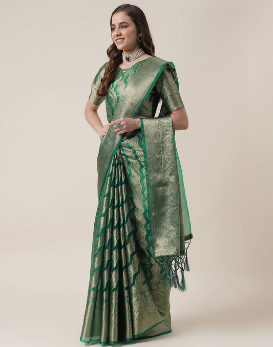 Green And Golden Organza Jacquard Saree | Leemboodi