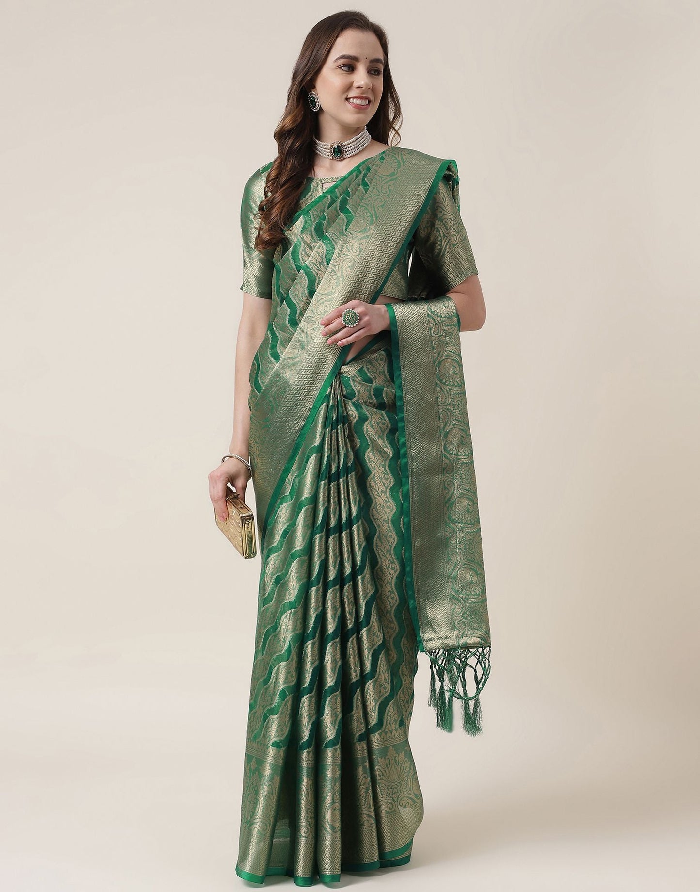Green And Golden Organza Jacquard Saree | Leemboodi