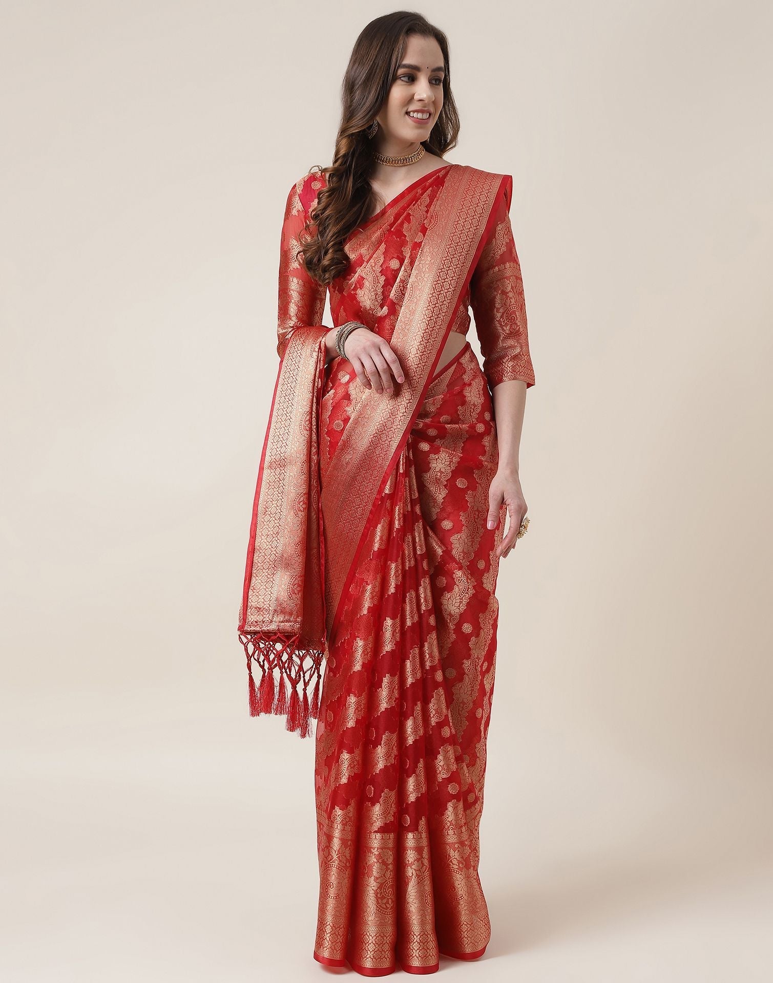 Red And Golden Organza Jacquard Saree | Leemboodi