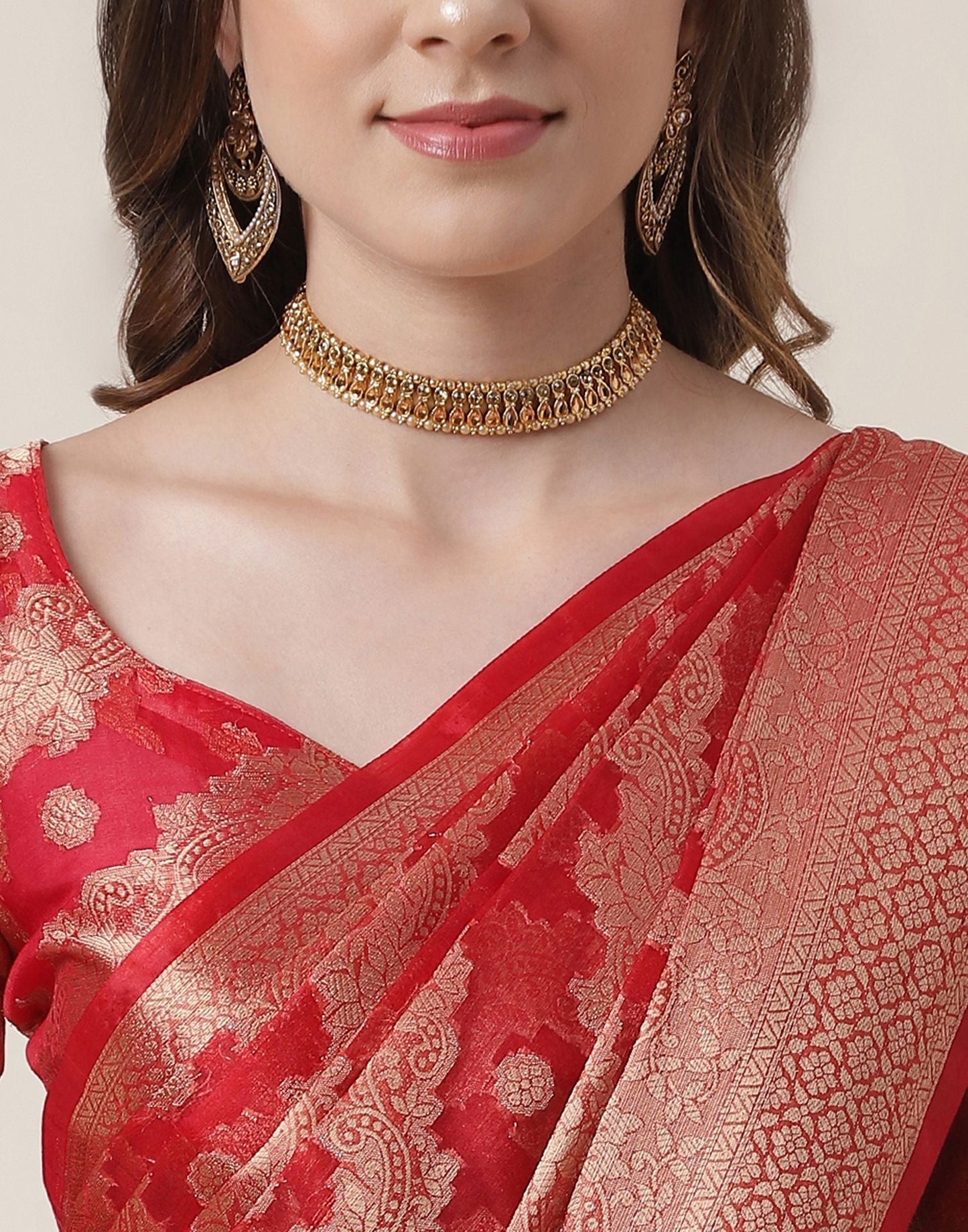 Red And Golden Organza Jacquard Saree | Leemboodi