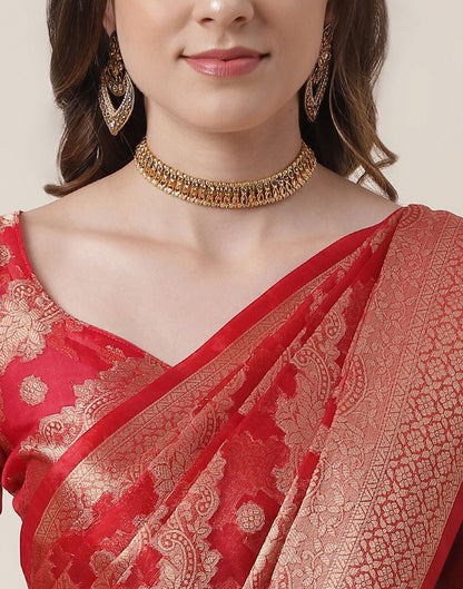Red And Golden Organza Jacquard Saree | Leemboodi