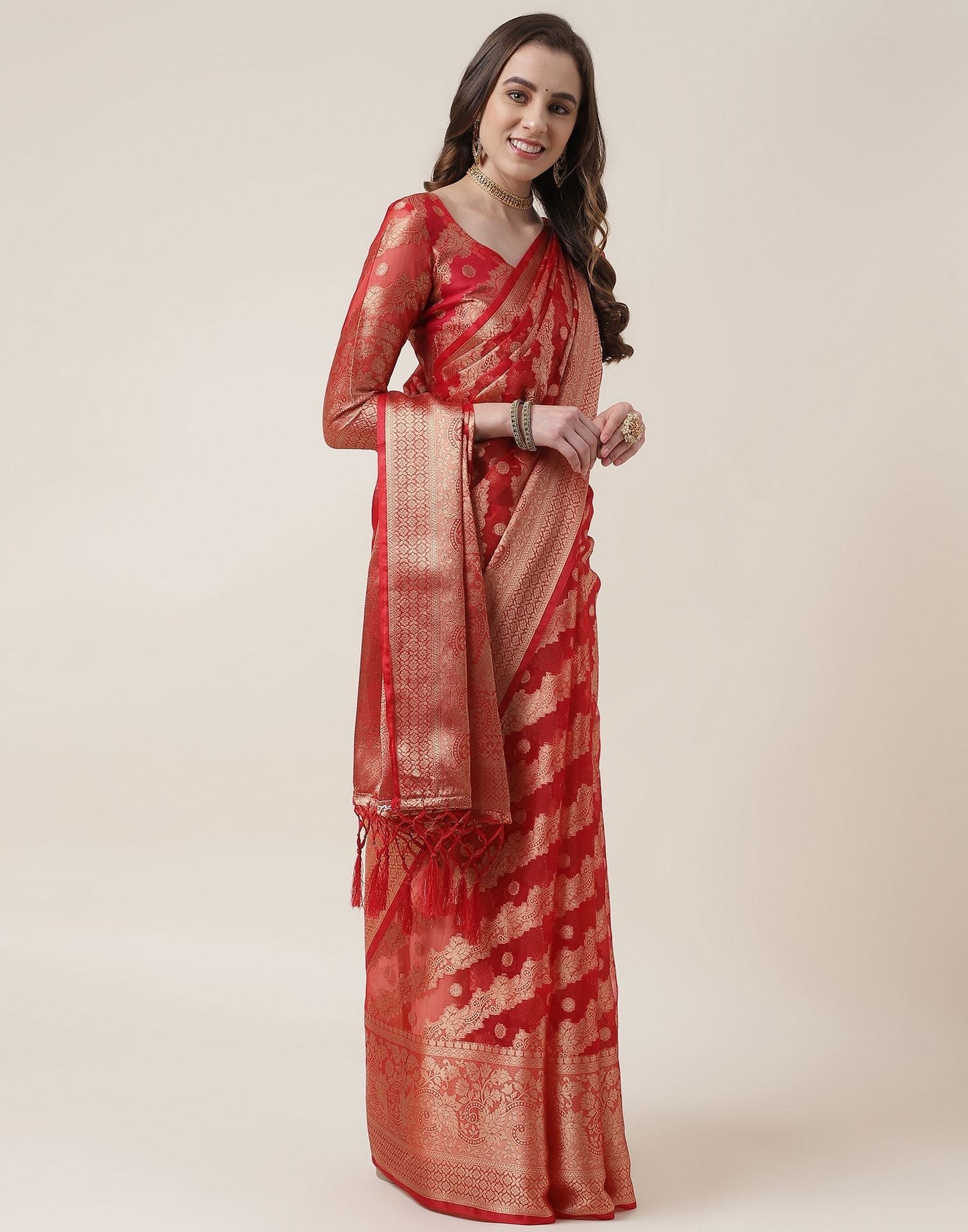 Red And Golden Organza Jacquard Saree | Leemboodi