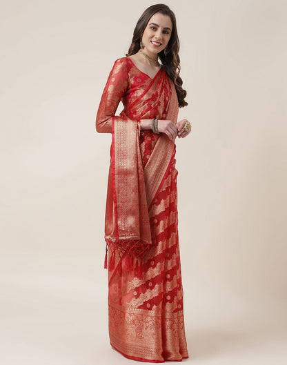 Red And Golden Organza Jacquard Saree | Leemboodi