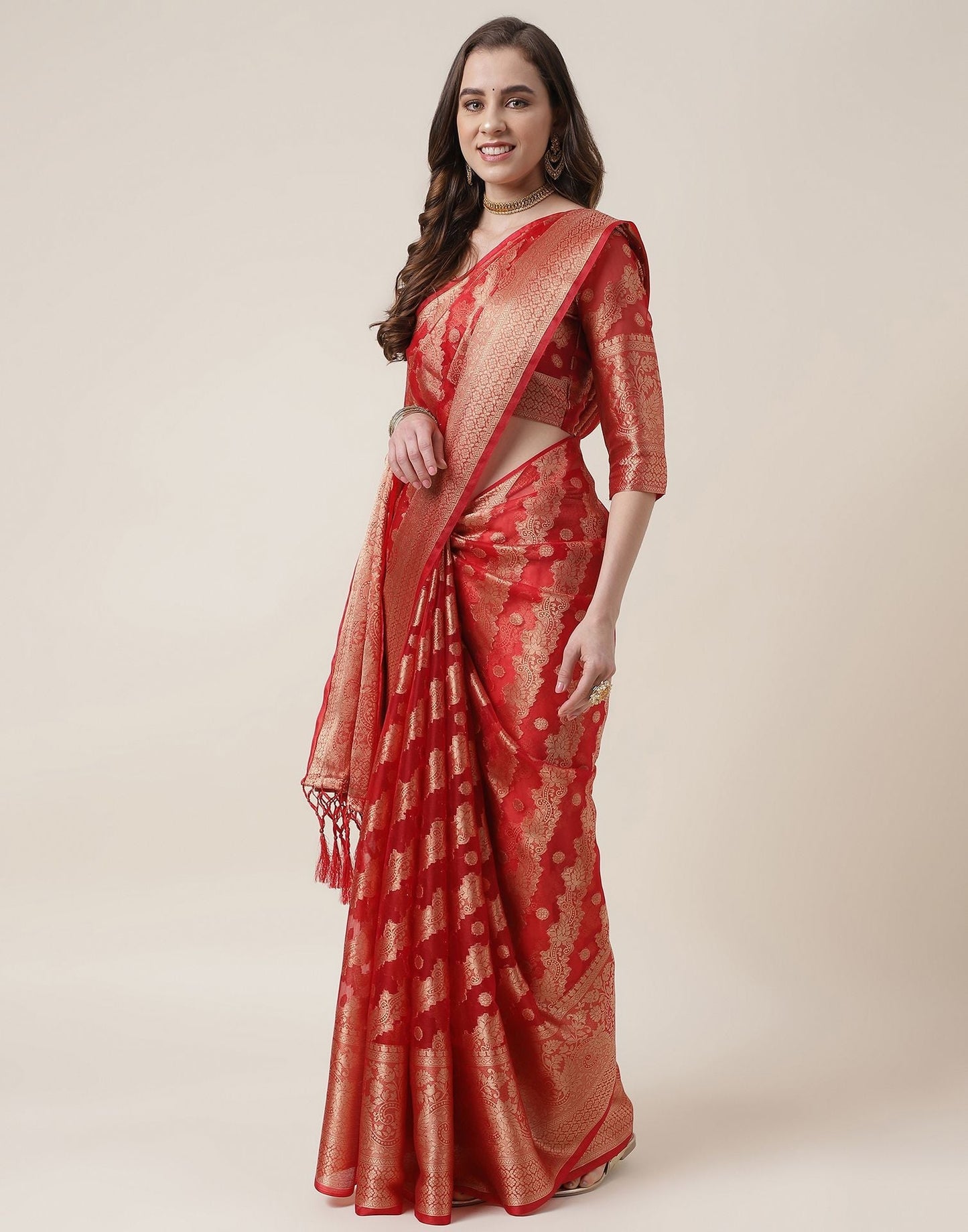 Red And Golden Organza Jacquard Saree | Leemboodi