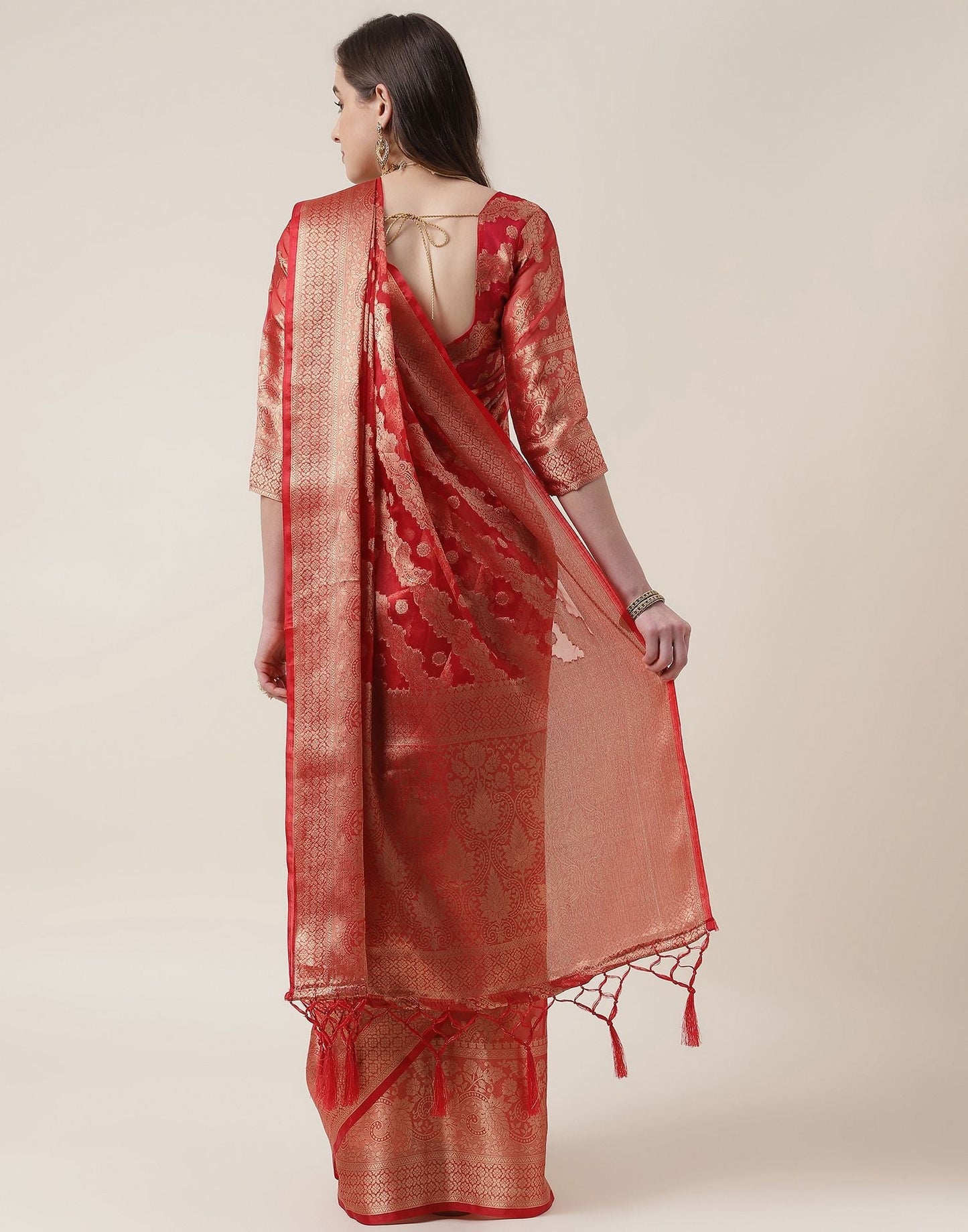 Red And Golden Organza Jacquard Saree | Leemboodi
