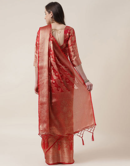 Red And Golden Organza Jacquard Saree | Leemboodi