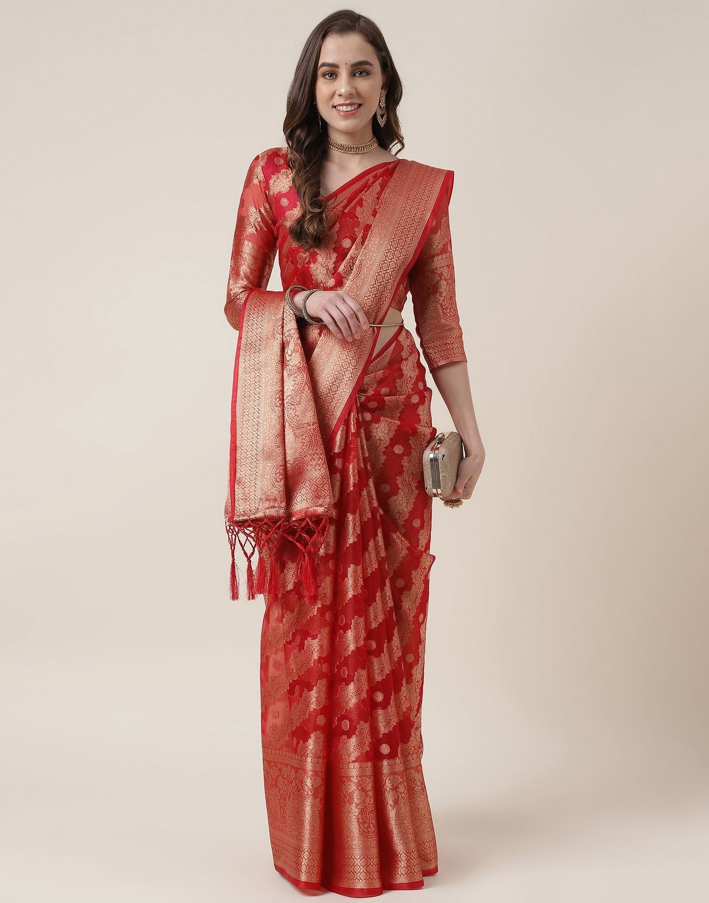 Red And Golden Organza Jacquard Saree | Leemboodi