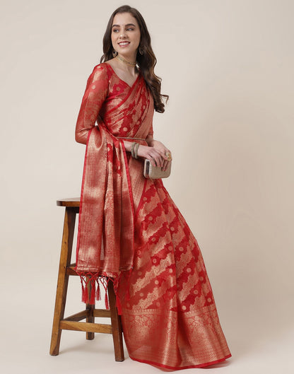 Red And Golden Organza Jacquard Saree | Leemboodi