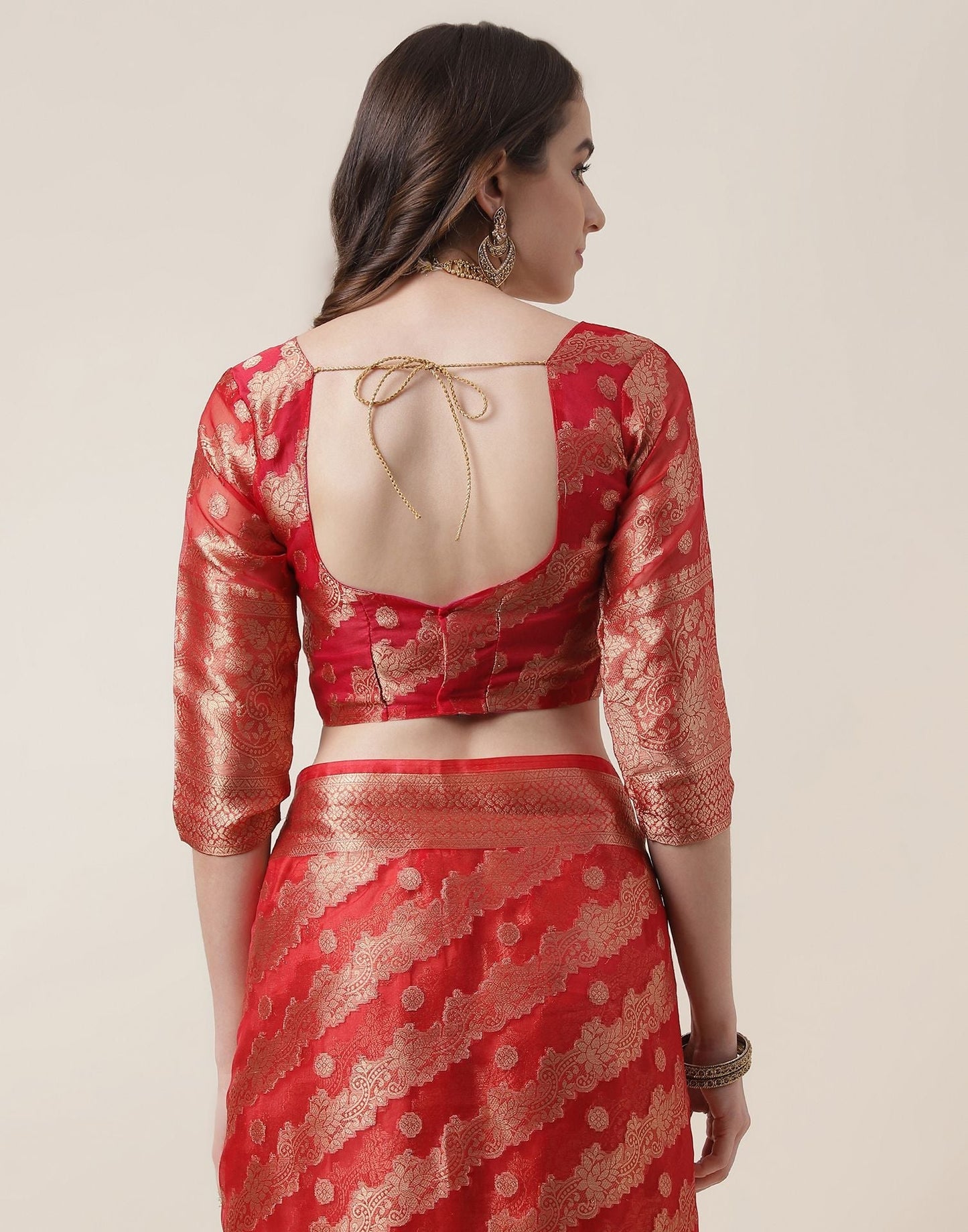 Red And Golden Organza Jacquard Saree | Leemboodi