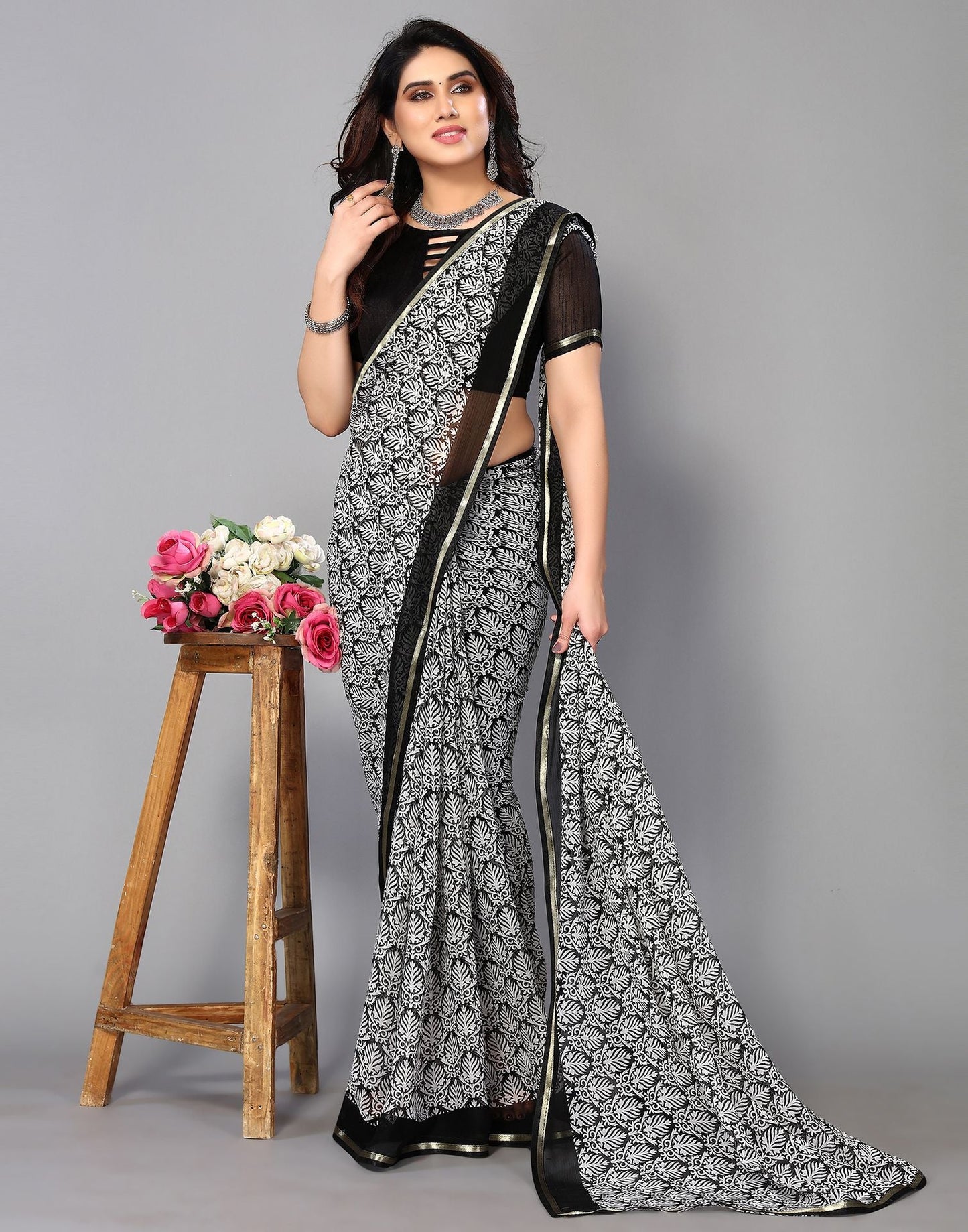 Black Chiffon Printed Saree | Sudathi