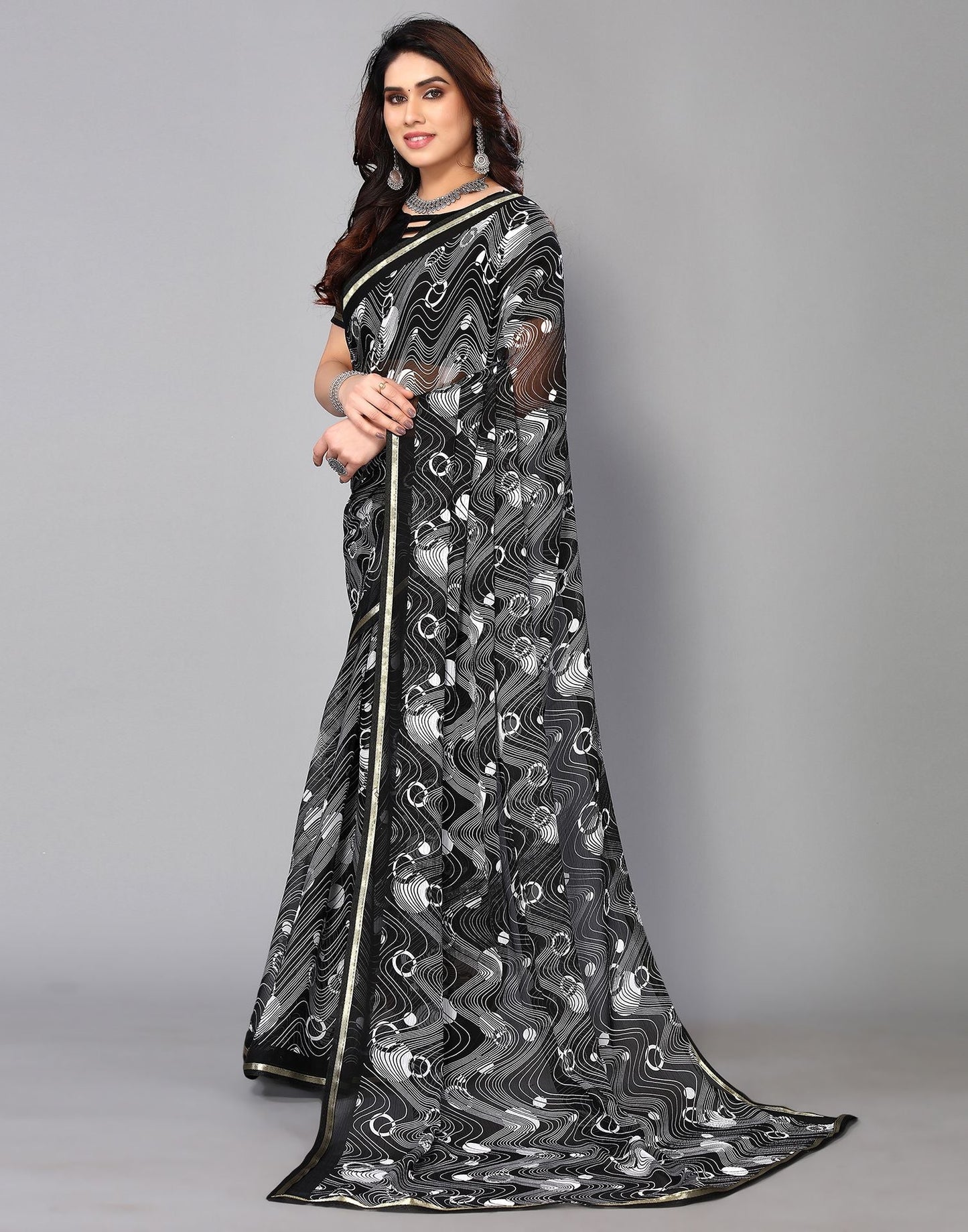 Black Chiffon Printed Saree | Sudathi