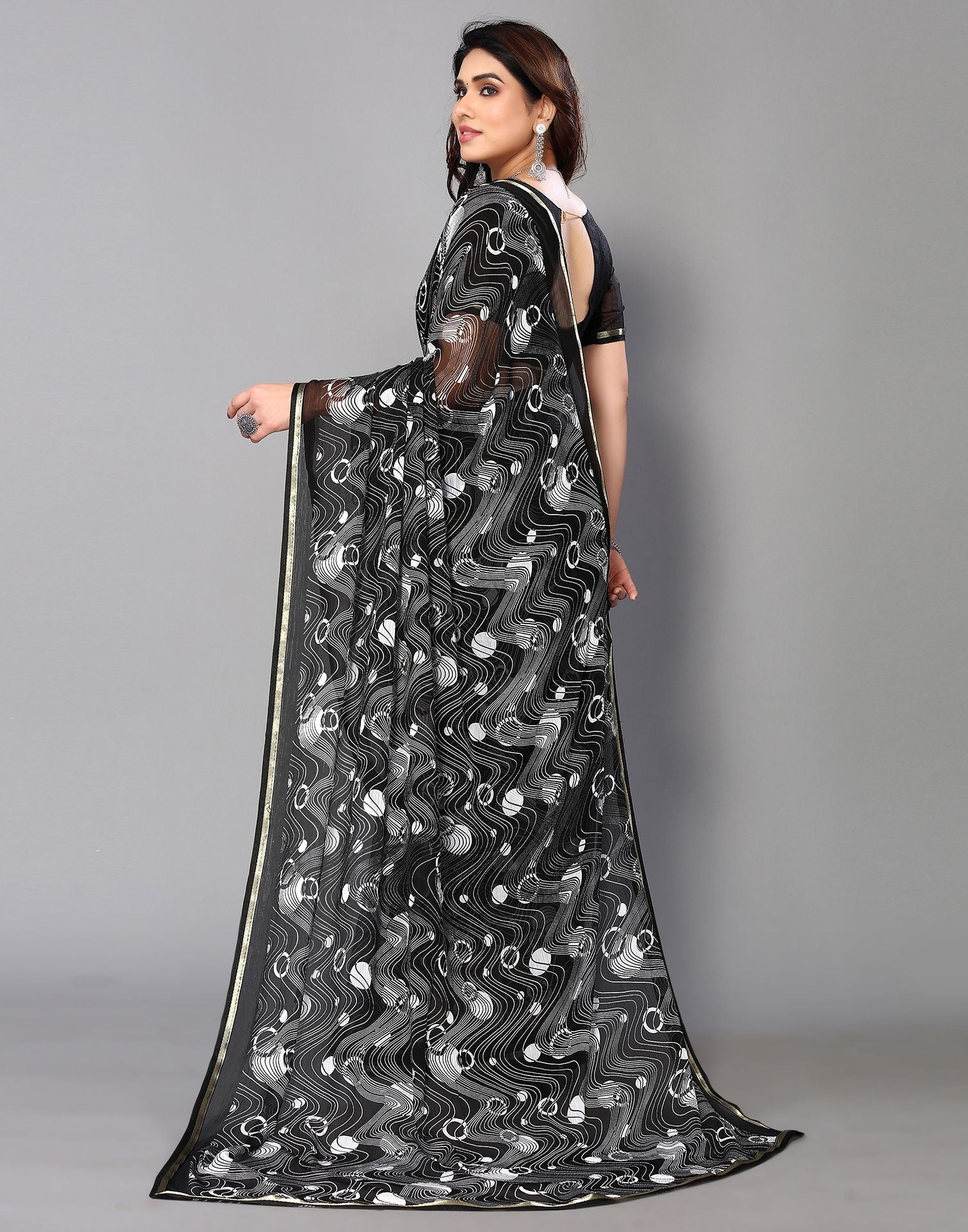 Black Chiffon Printed Saree | Sudathi