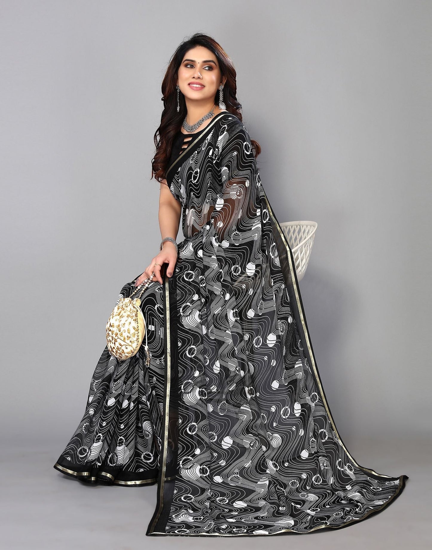 Black Chiffon Printed Saree | Sudathi