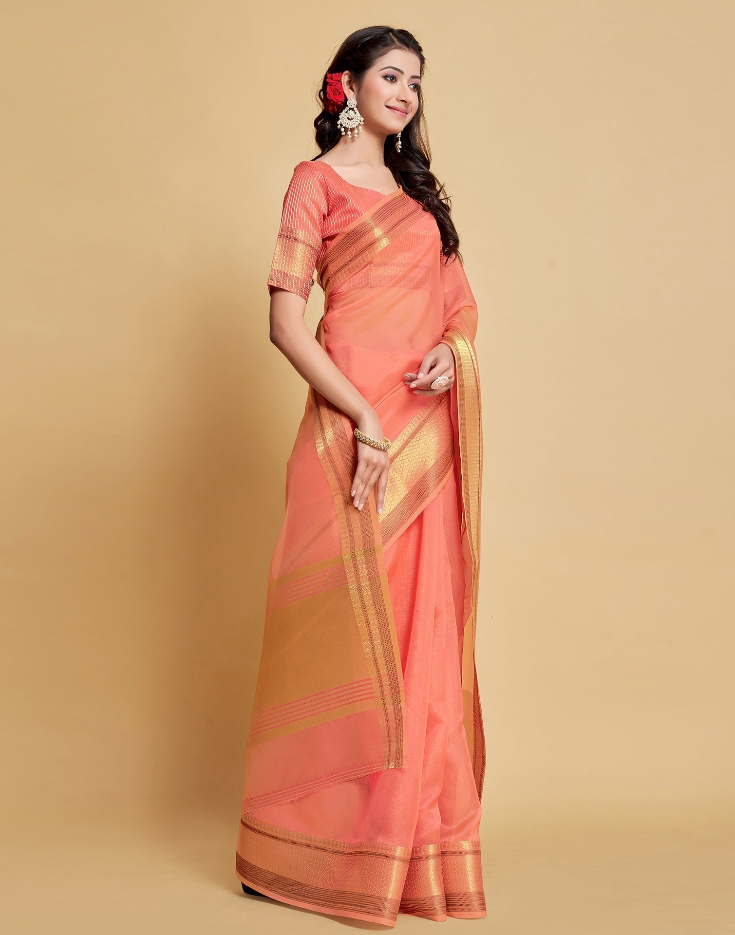 Peach Plain Organza Saree | Sudathi