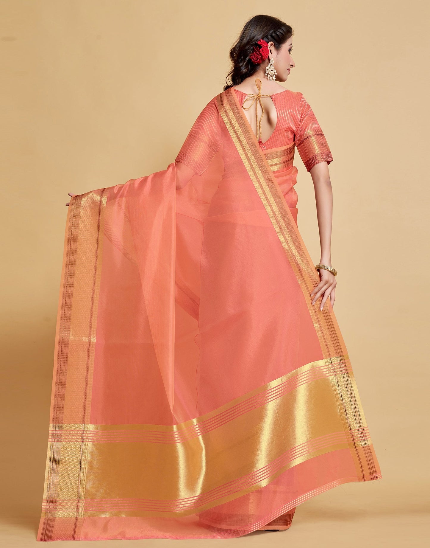 Peach Plain Organza Saree | Sudathi