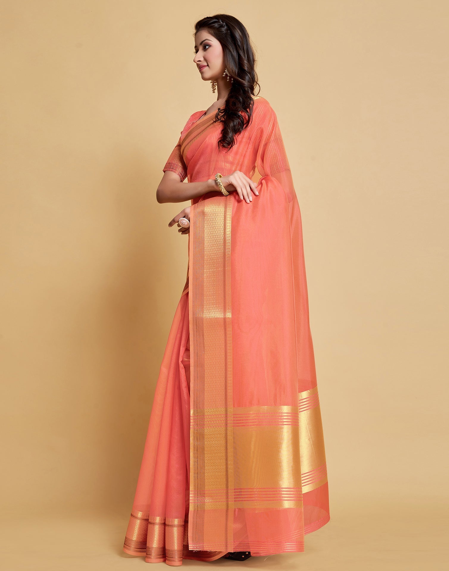 Peach Plain Organza Saree | Sudathi