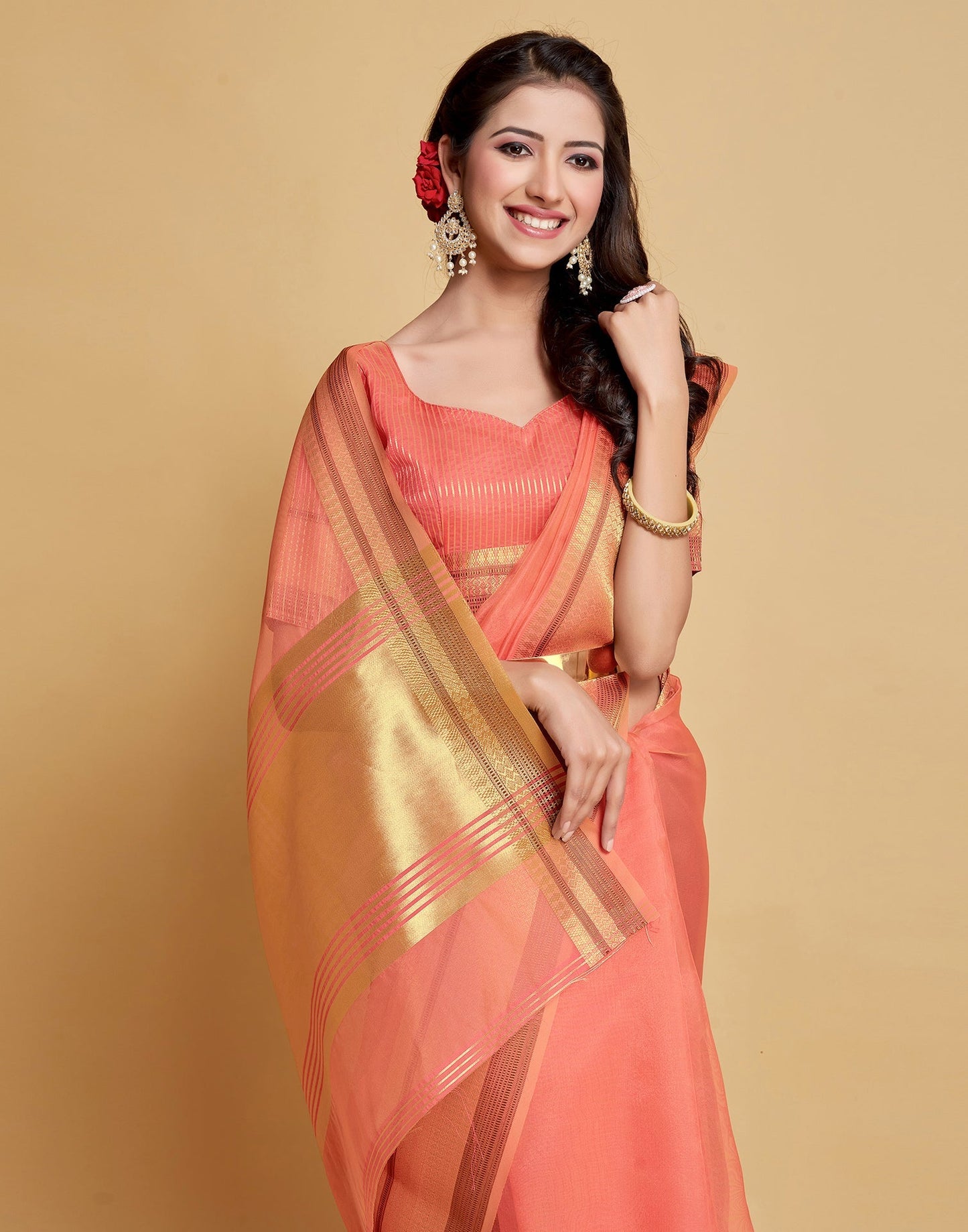 Peach Plain Organza Saree | Sudathi