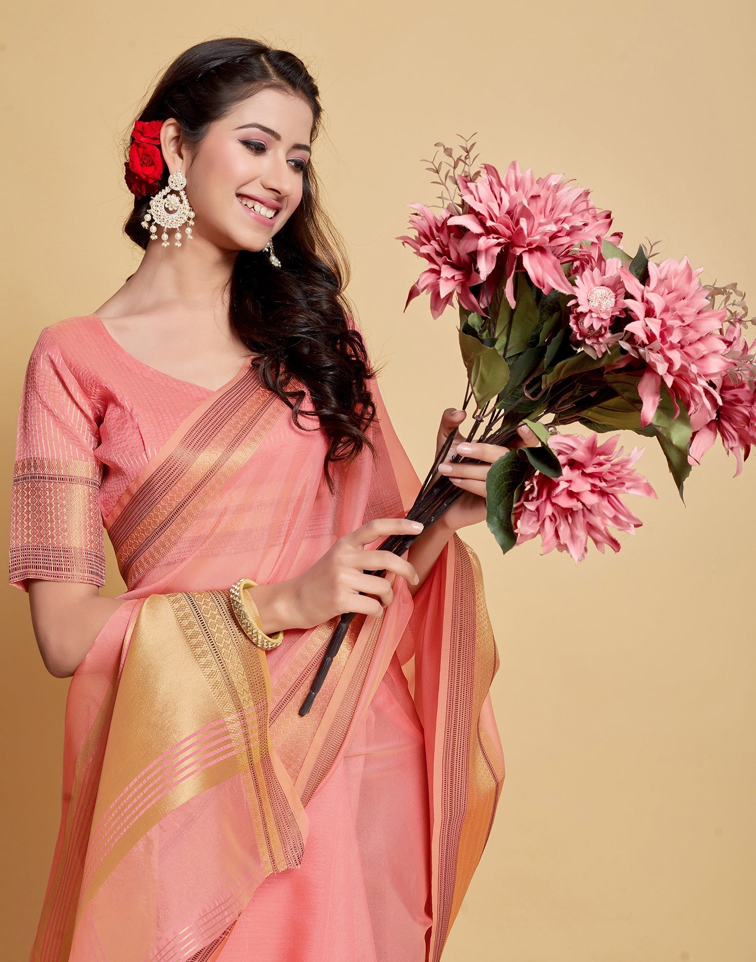 Light Pink Plain Organza Saree | Sudathi