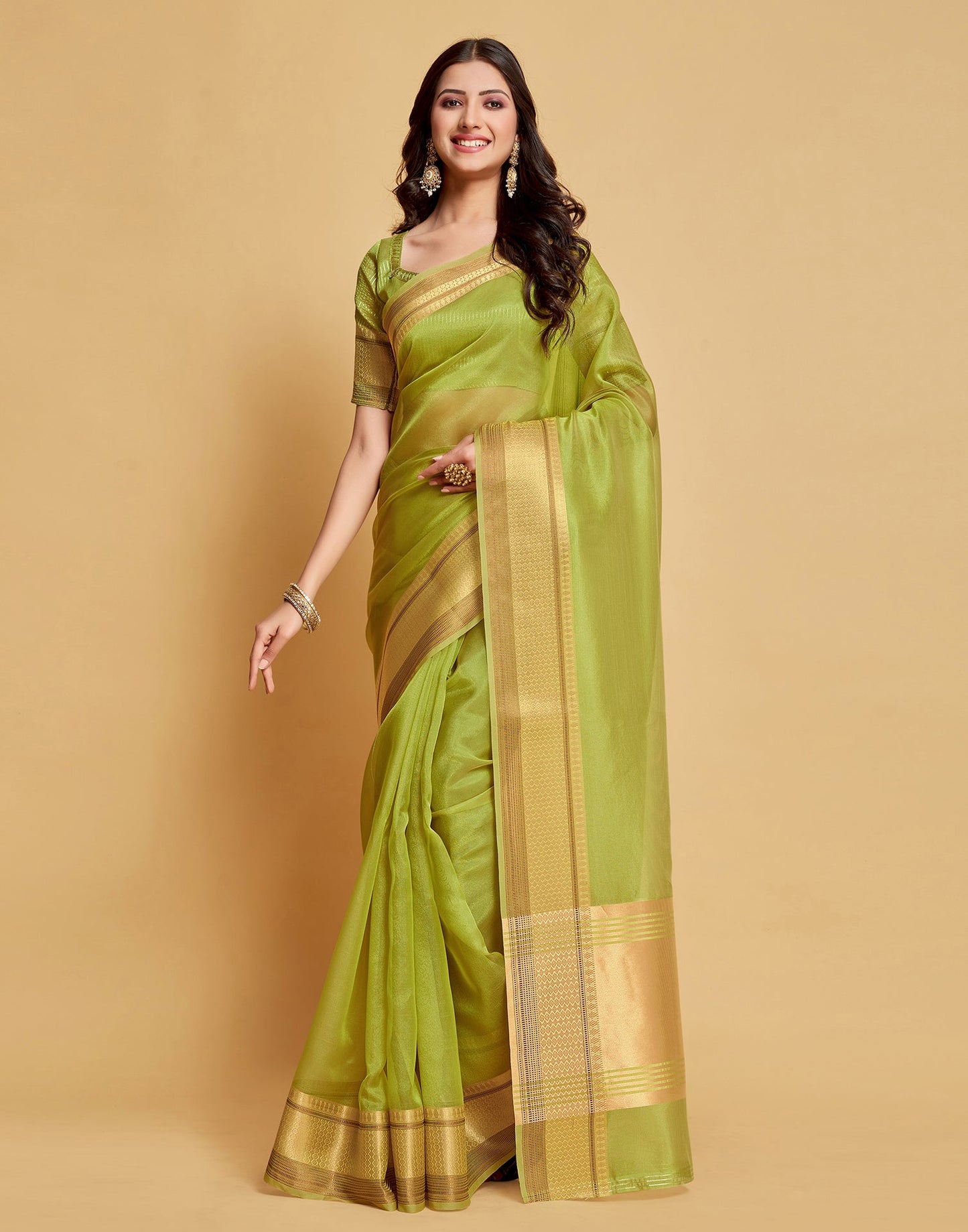 Parrot Green Plain Organza Saree | Sudathi