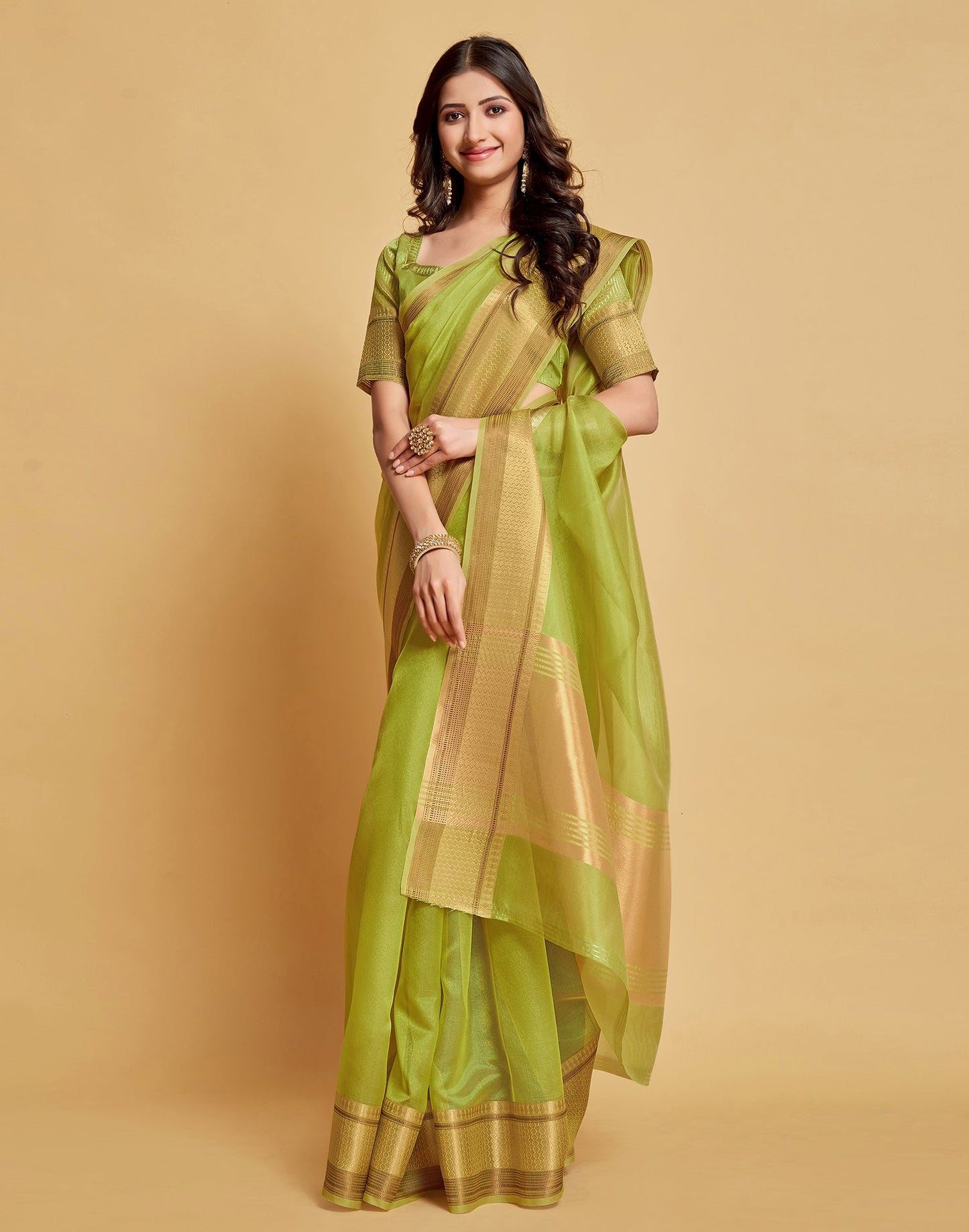 Parrot Green Plain Organza Saree | Sudathi