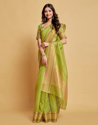 Parrot Green Plain Organza Saree | Sudathi