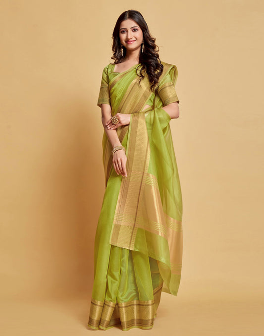 Parrot Green Plain Organza Saree | Sudathi