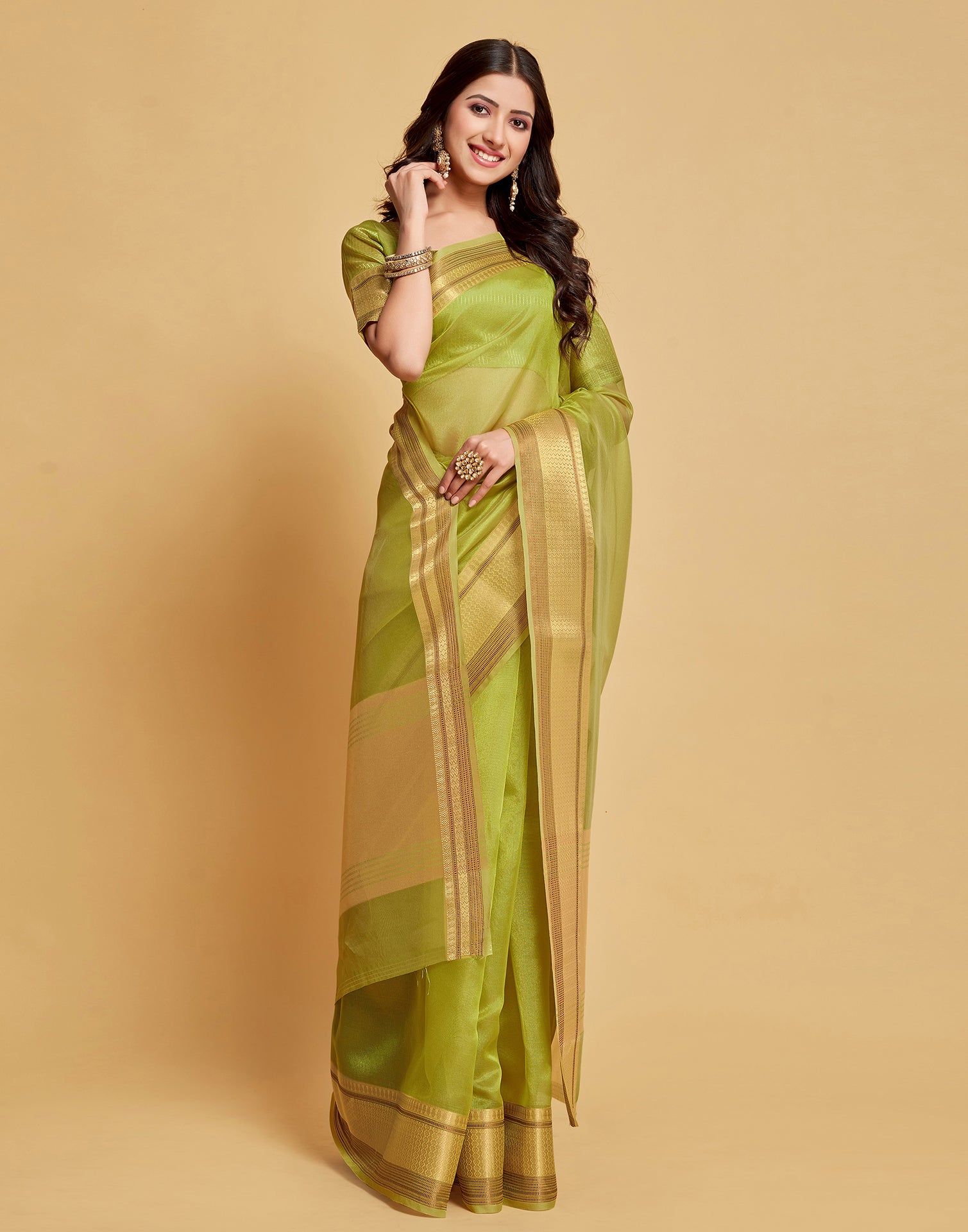 Parrot Green Plain Organza Saree | Sudathi