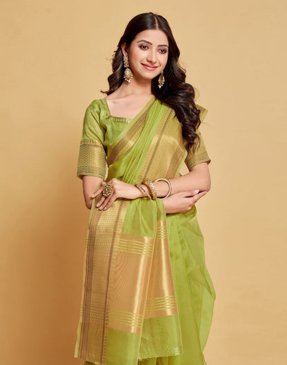 Parrot Green Plain Organza Saree | Sudathi