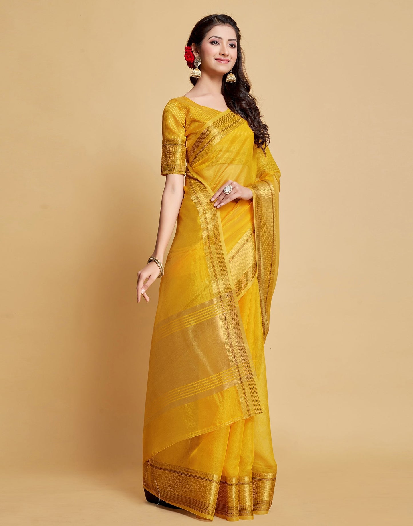 Turmeric Yellow Plain Organza Saree | Sudathi