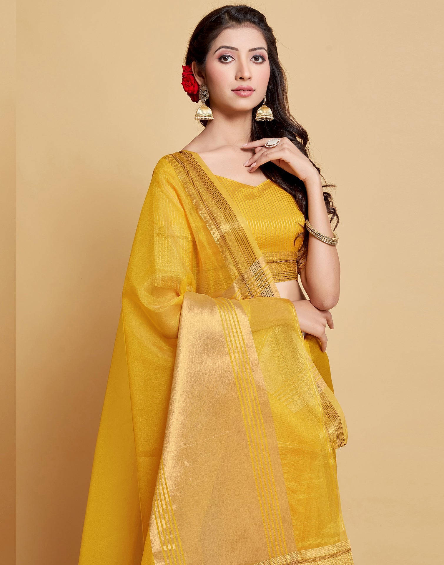 Turmeric Yellow Plain Organza Saree | Sudathi