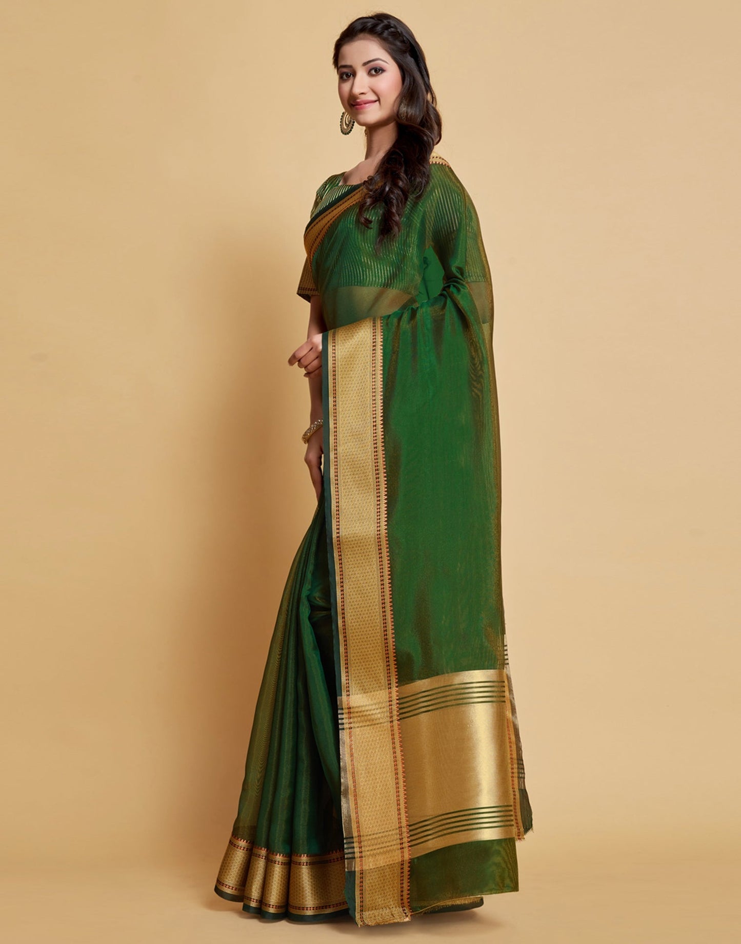 Dark Green Plain Organza Saree | Sudathi