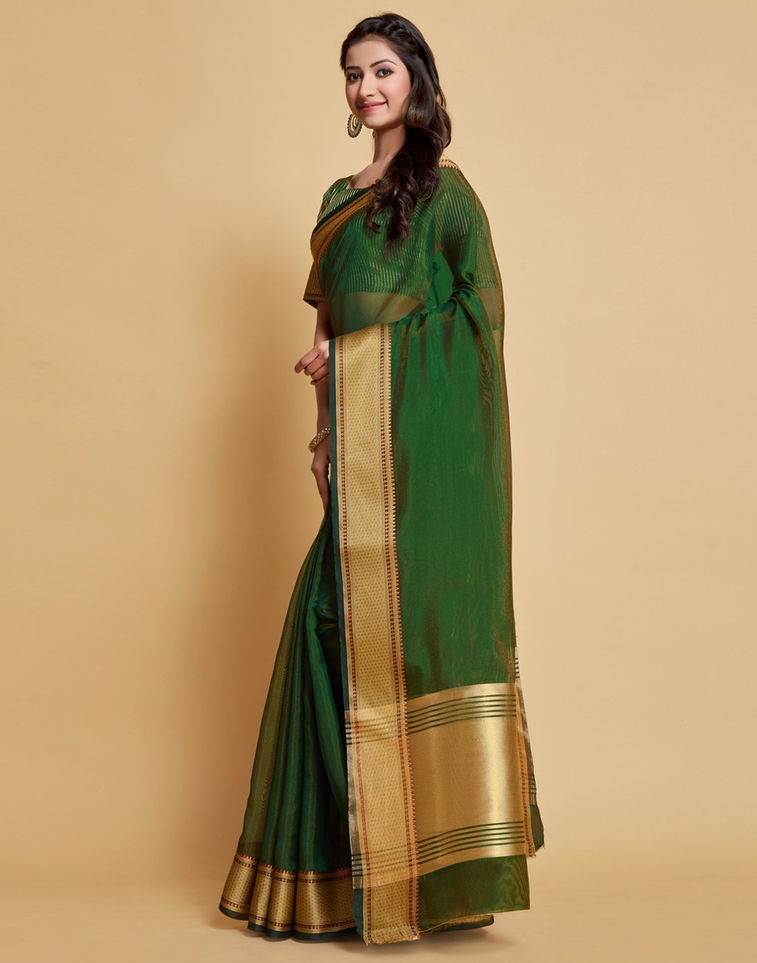 Dark Green Plain Organza Saree | Sudathi