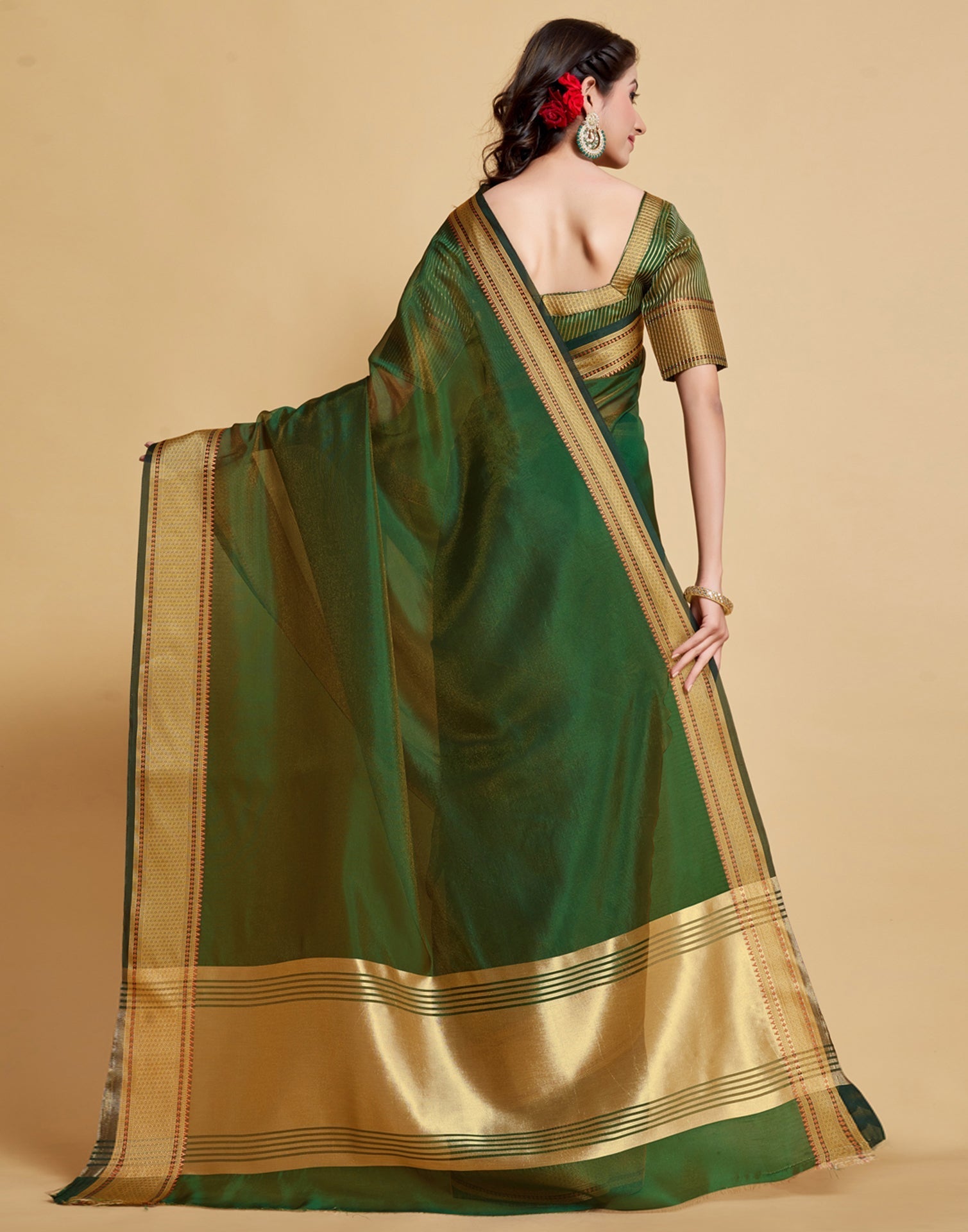 Dark Green Plain Organza Saree | Sudathi