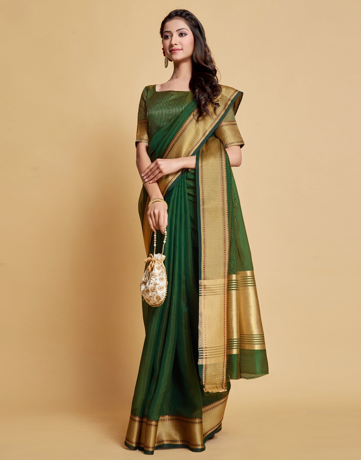 Dark Green Plain Organza Saree | Sudathi
