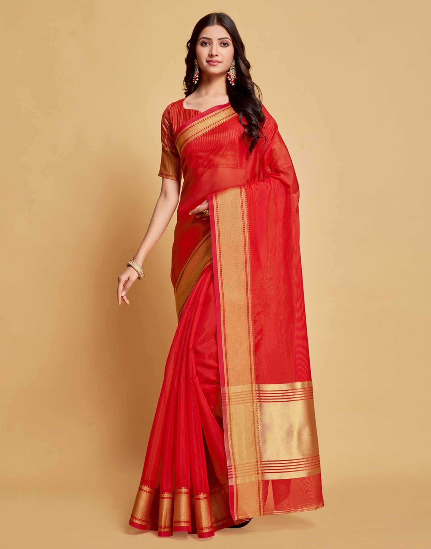 Red Plain Organza Saree | Sudathi
