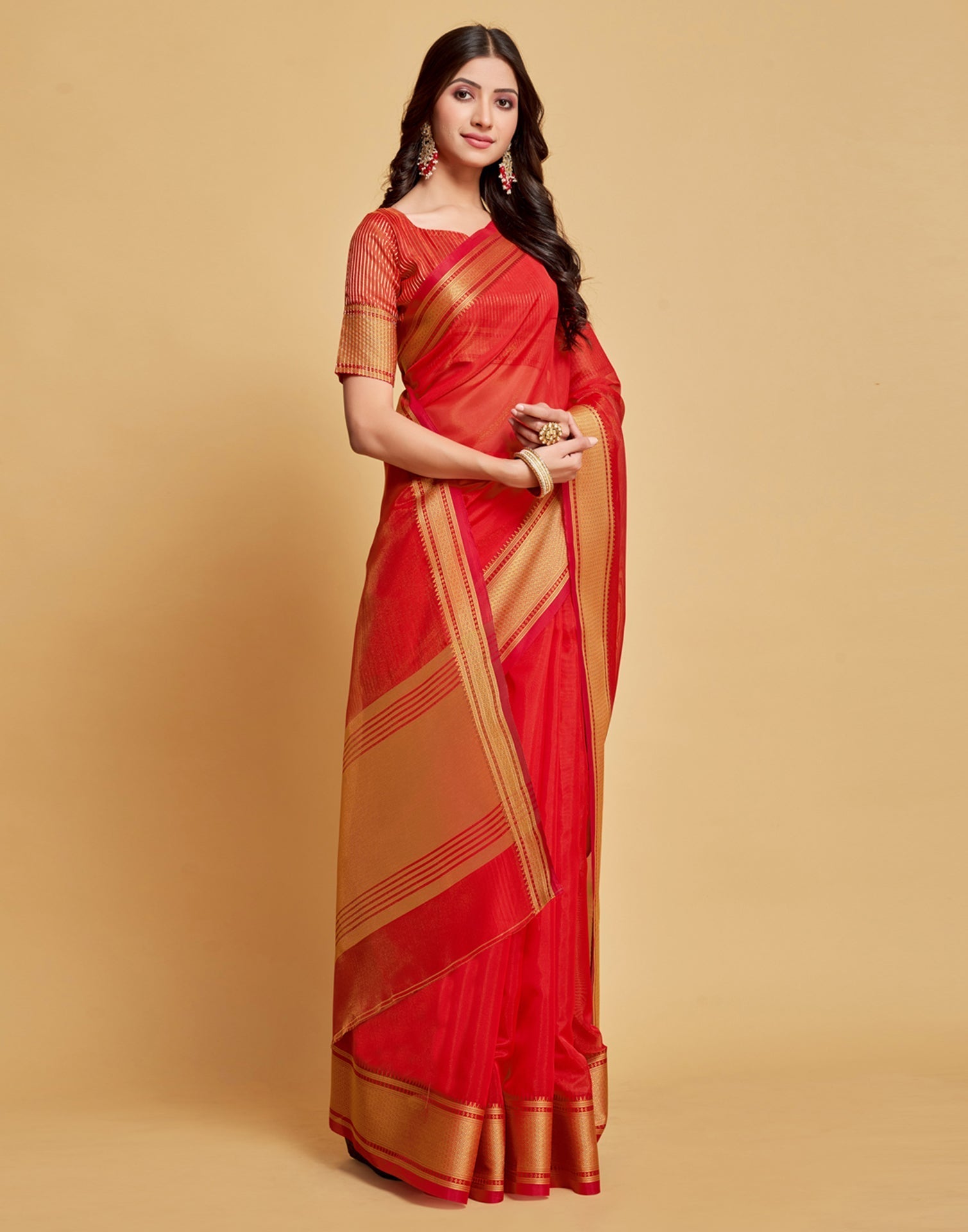 Red Plain Organza Saree | Sudathi