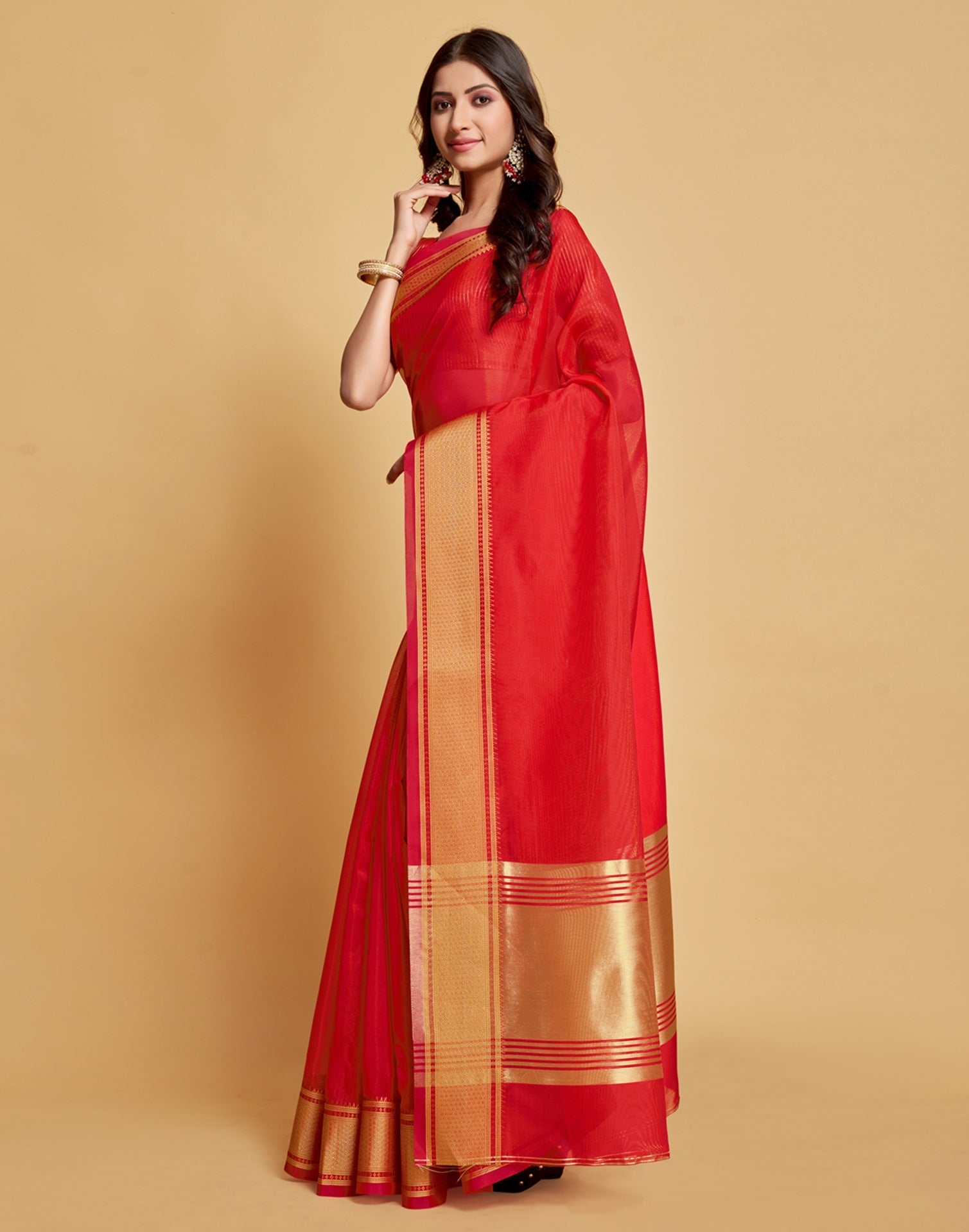 Red Plain Organza Saree | Sudathi