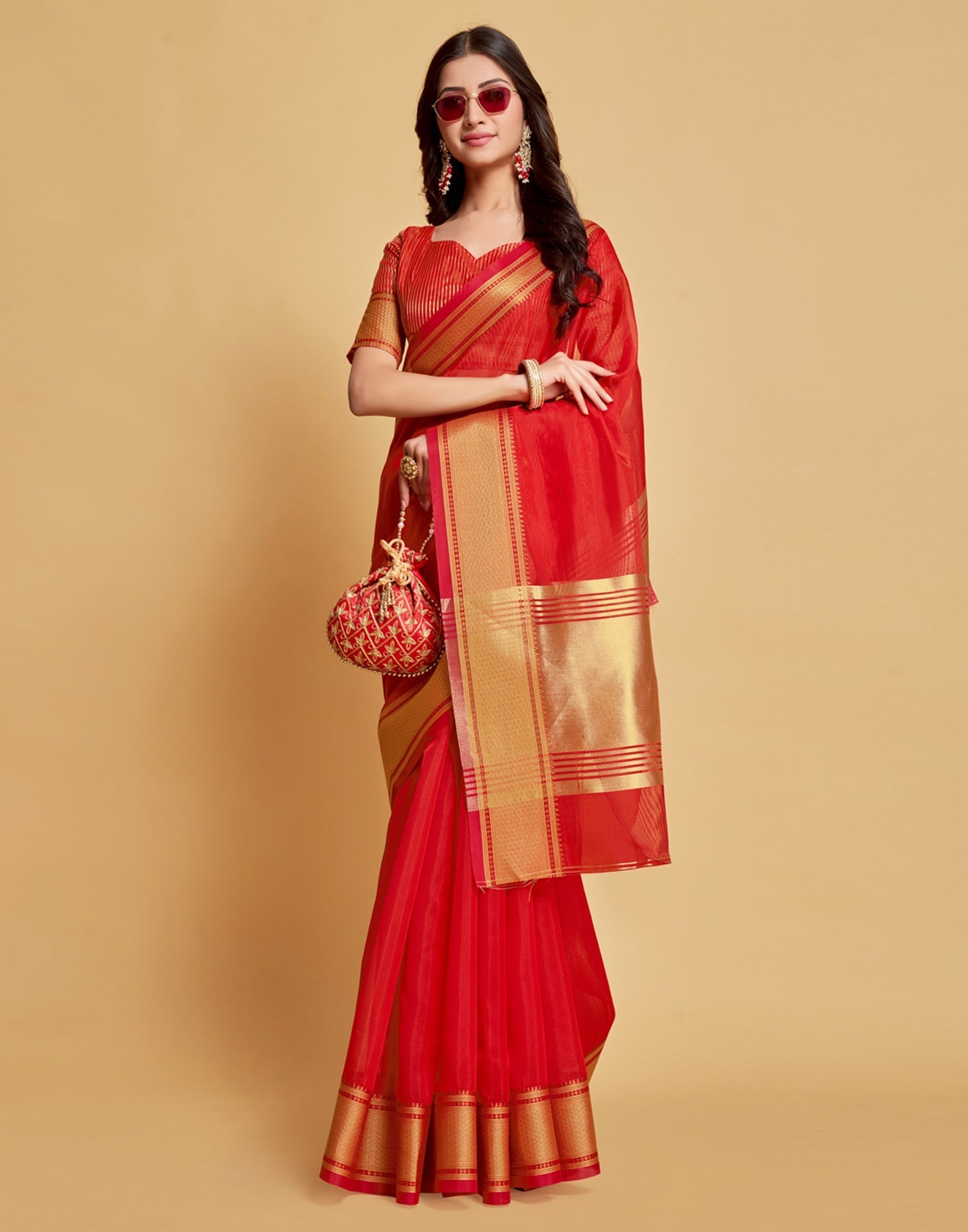 Red Plain Organza Saree | Sudathi