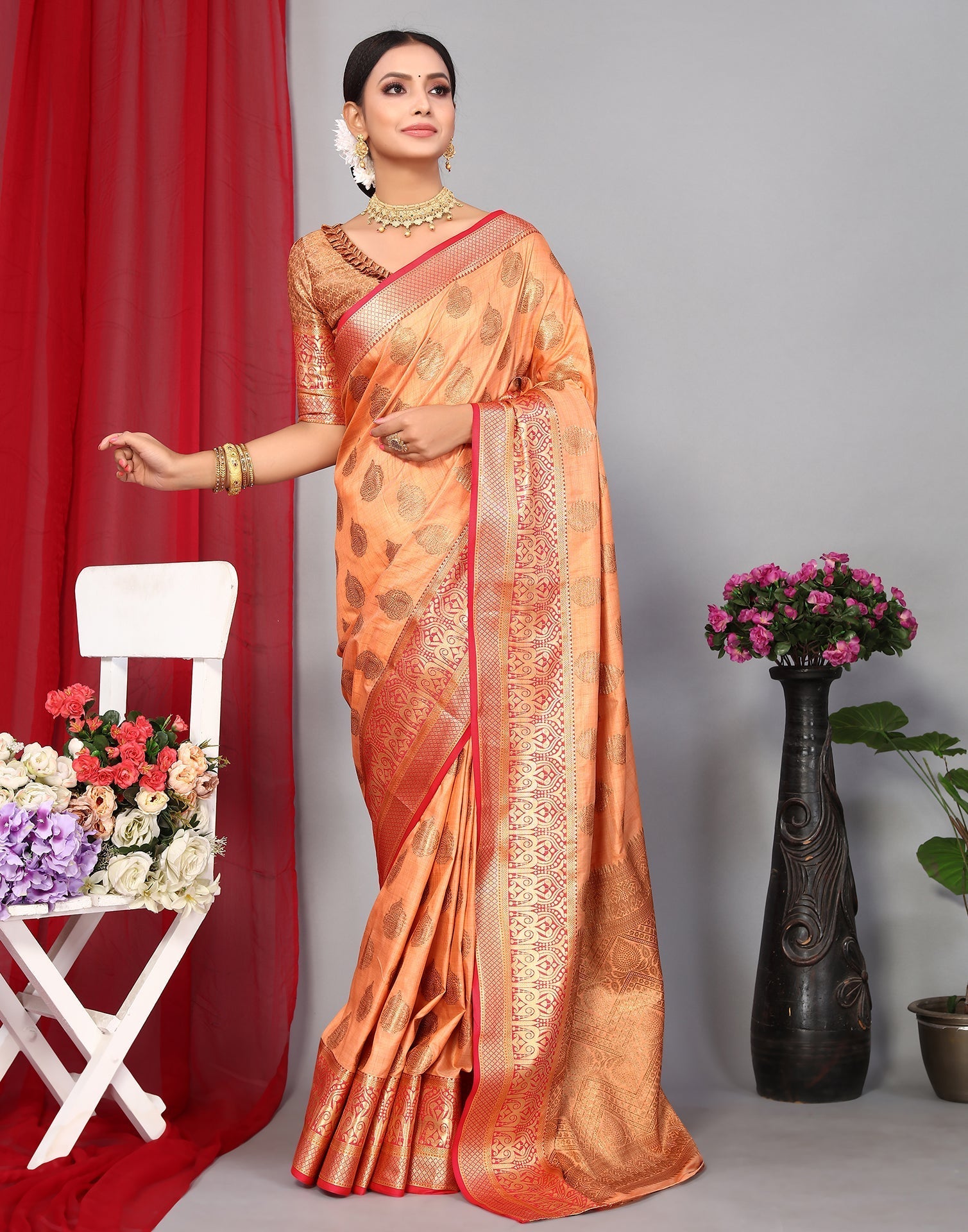 Orange Banarasi Silk Saree | Leemboodi