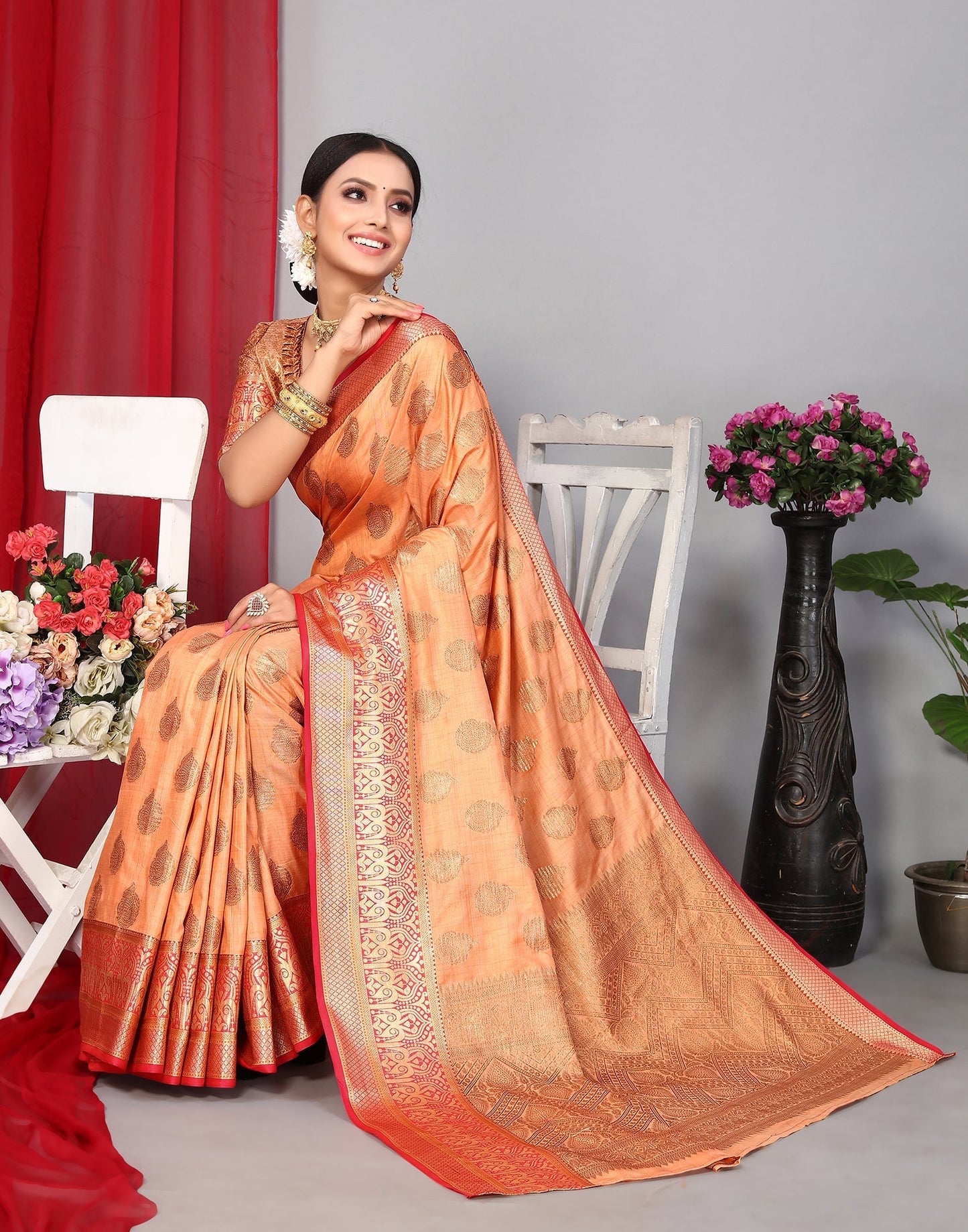 Orange Banarasi Silk Saree | Leemboodi