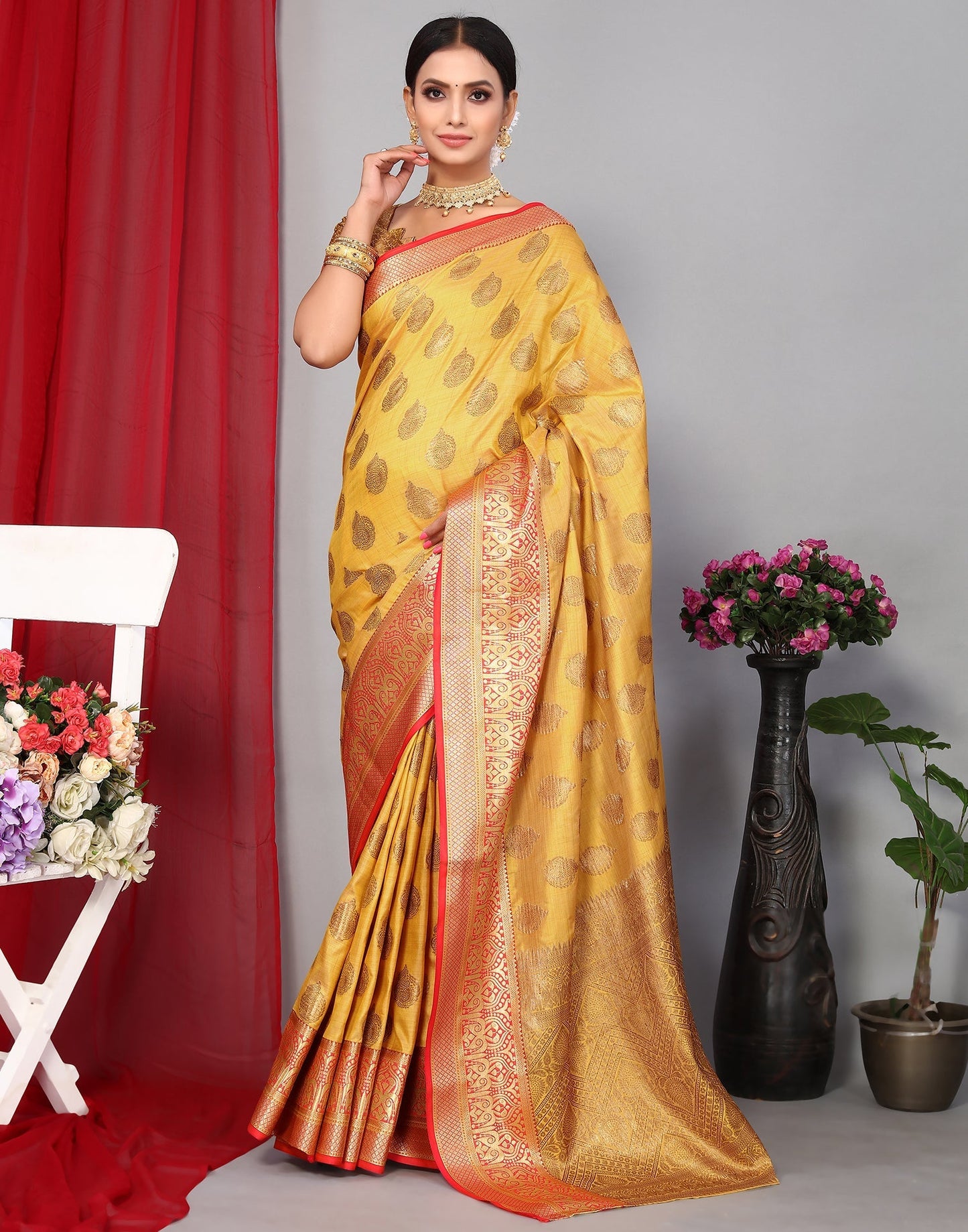 Yellow Banarasi Silk Saree | Leemboodi